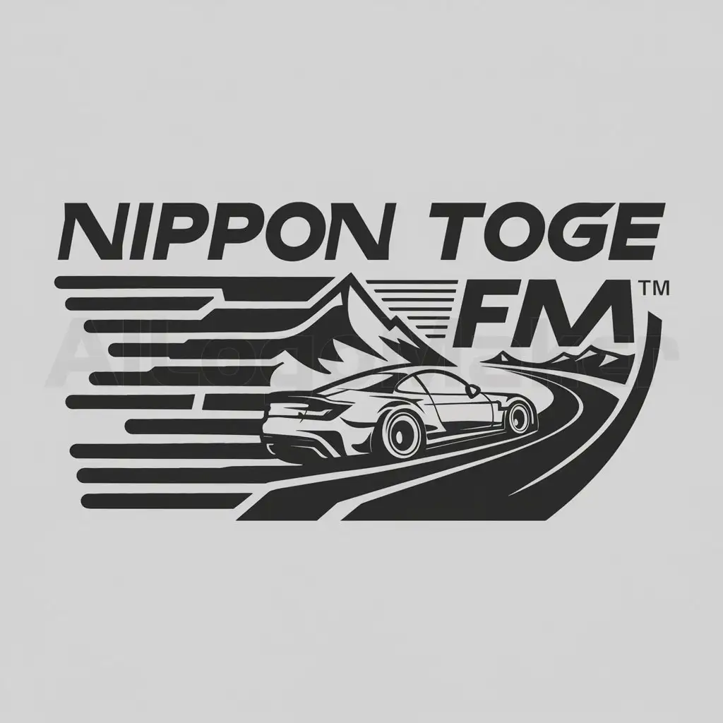 a logo design,with the text "Nippon toge fm", main symbol:Car,that drifts along mountain passes at dawn,complex,be used in Others industry,clear background