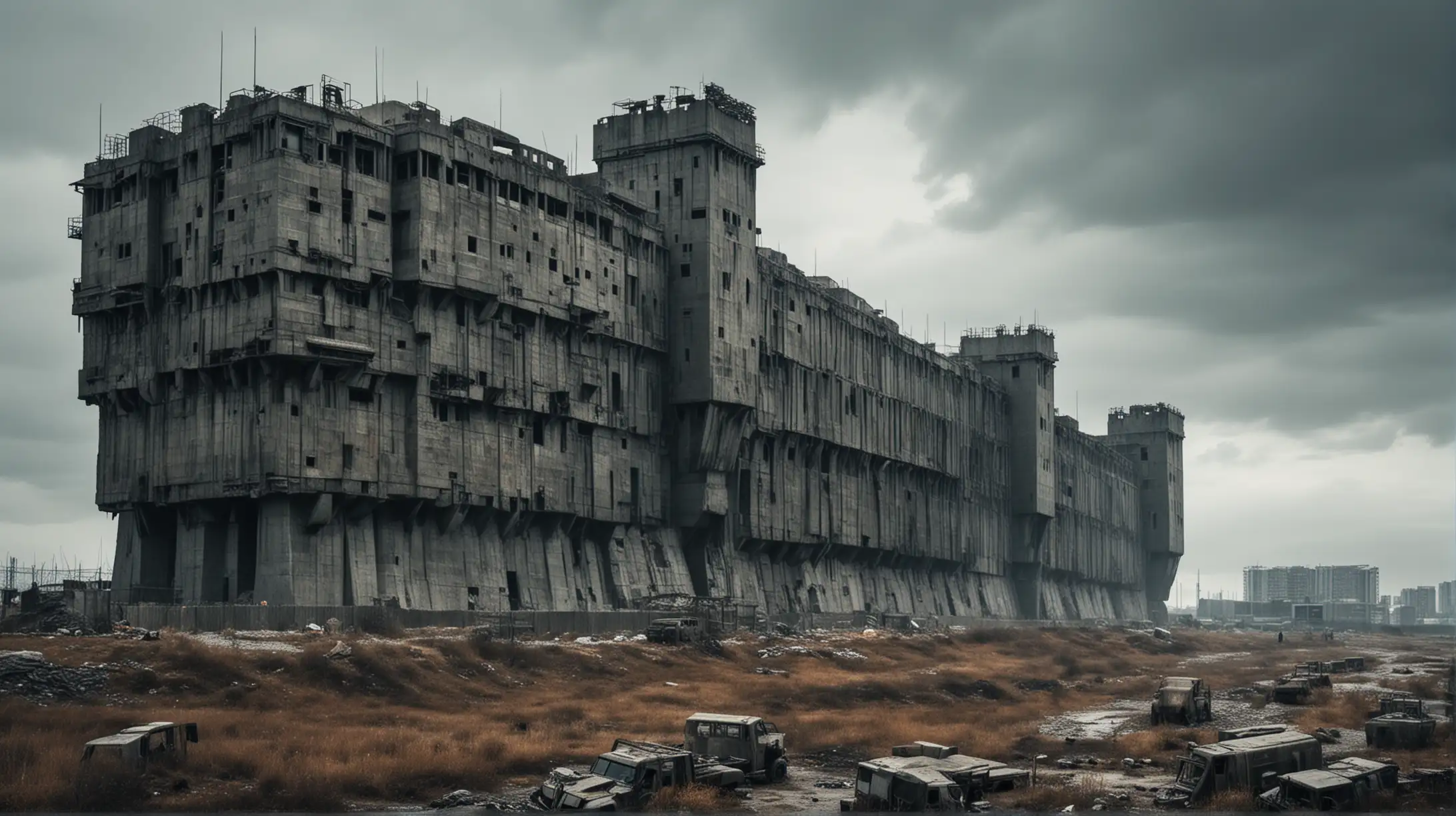 postapocalyptic mega fortress made of stone, concrete and glass, dark, distant view