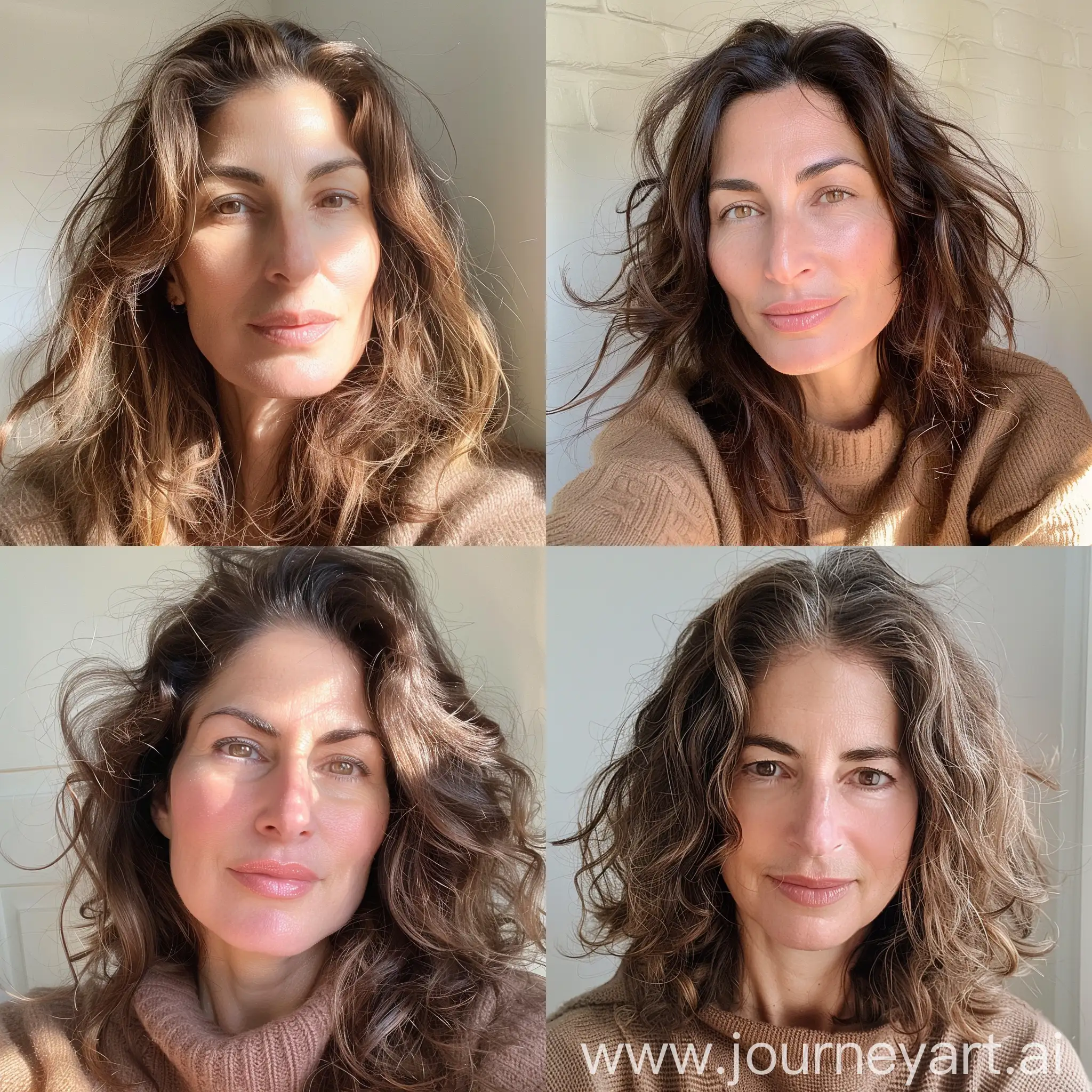 Aesthetic instagram selfie of a Jewish mother with full wavy brown hair, broad nose, big bridge nose, crooked nose, woman, mid 40's, soft brown clothing color tones--ar 9:16