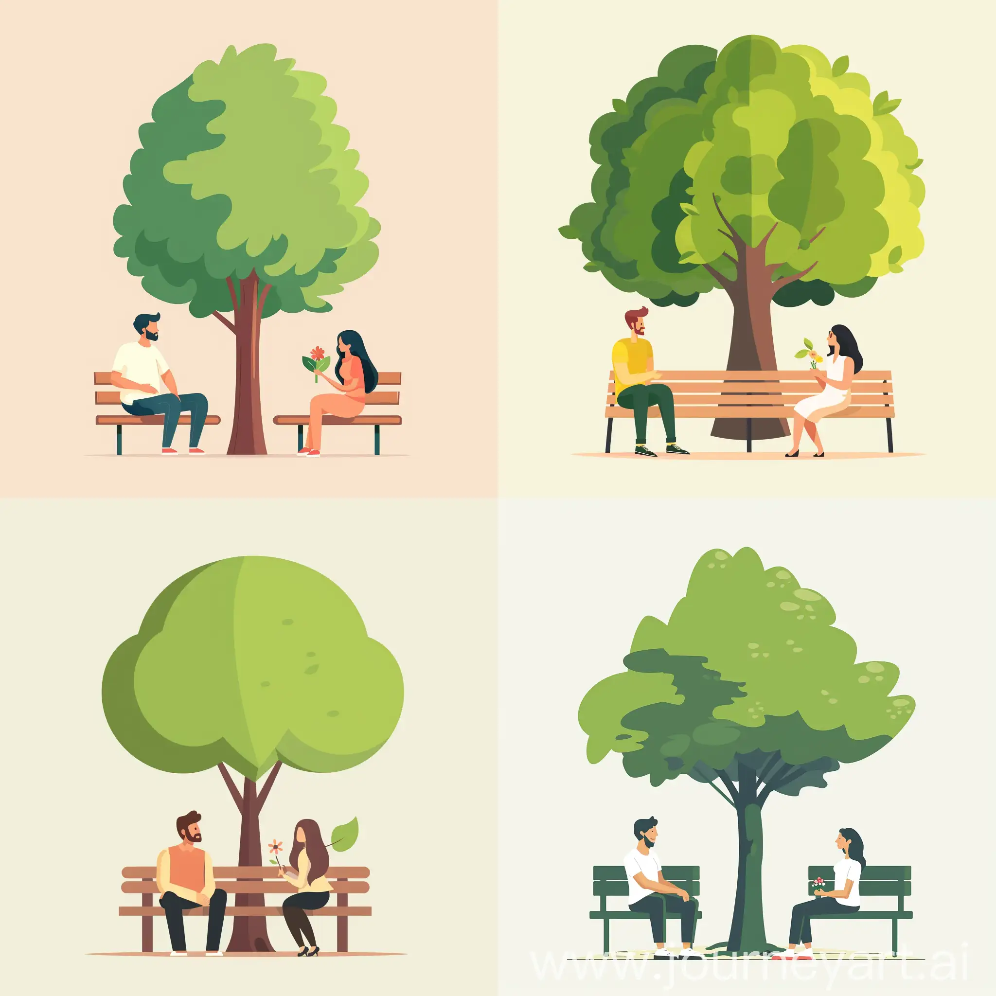 minimalistic flat illustration of man and woman sitting on the bench, near bench is a big green tree, woman hold a flower in her hand, high quality 