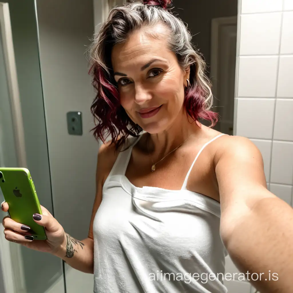 A curvy white middle-aged woman with dark burgundy hair, curly hair, and a messy bun for her hair. He wears a sleeveless shirt with full-body pajama bottoms. Selfie with home bathroom mirror. 1. She must only have one old phone and it must be an iPhone.
2. She must be holding the phone in front of her, with the arm that she is holding the iPhone on straight to show the tattoo of one arm.

Folded arm