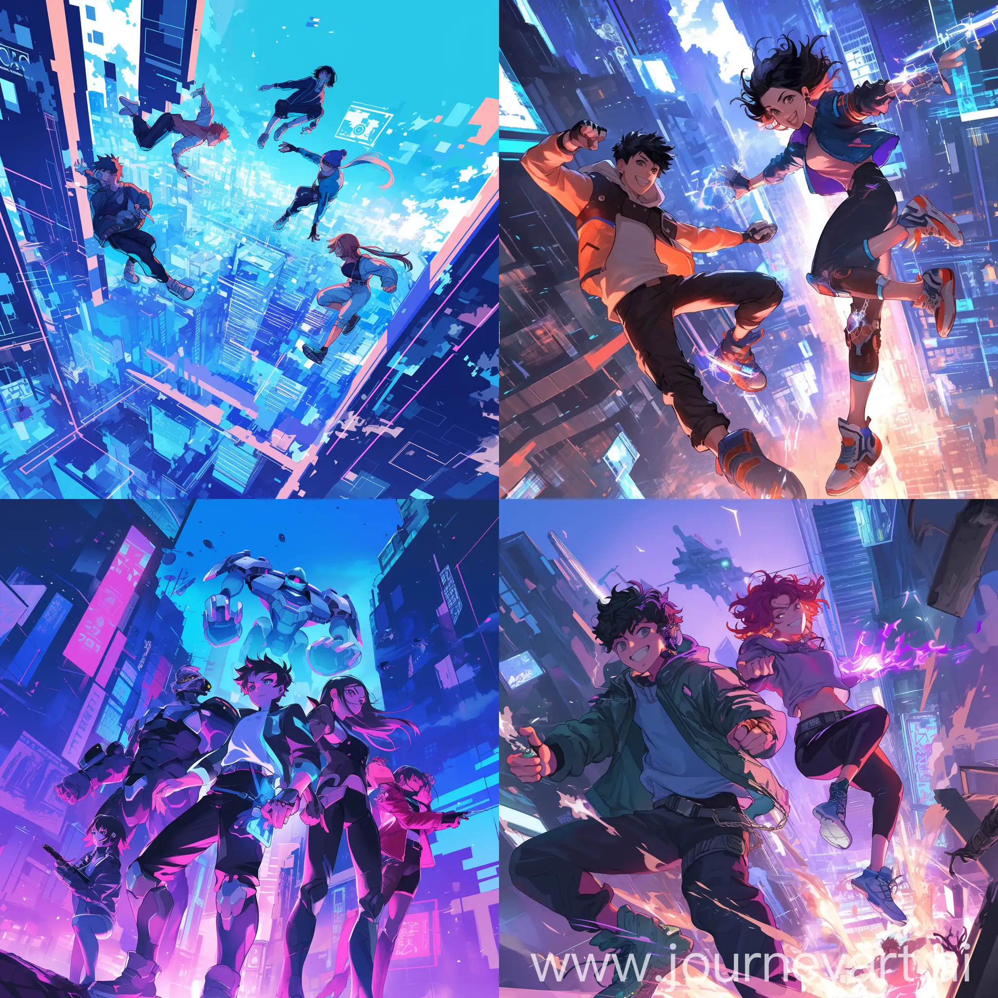 dynamic manga cover featuring teenage heros, futuristic cityscapem and vibrant action scenes. bold color, sleek design for young readers --niji 6