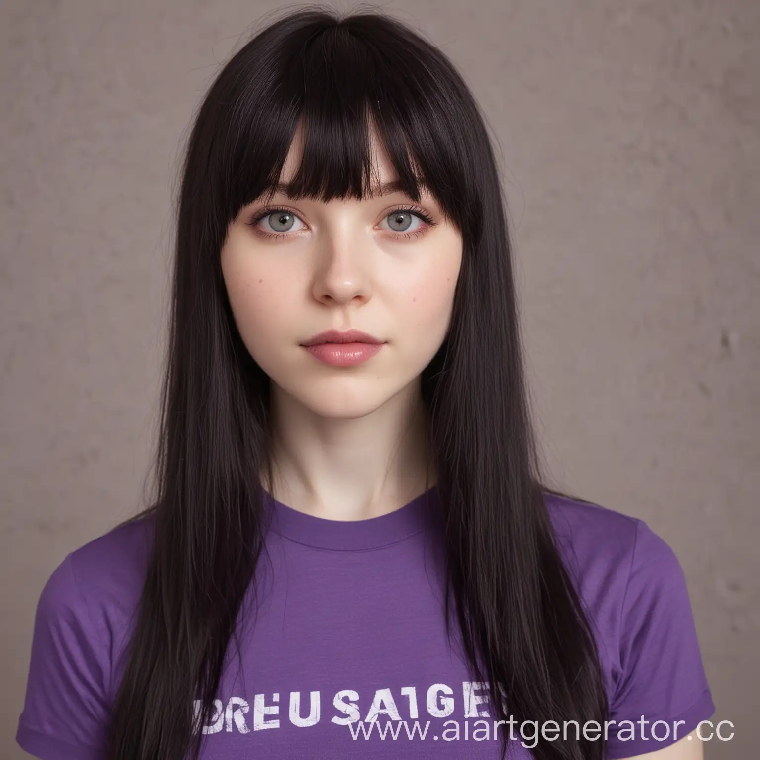A girl with long dark hair and straight bangs, pale skin, wearing a purple T-shirt.