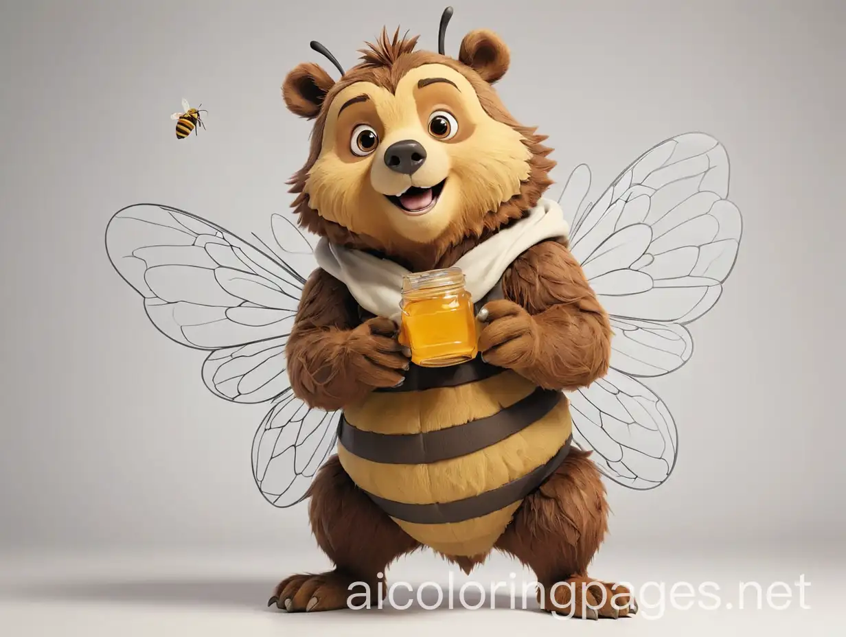 A grizzly bear dressed up as a honeybee holding honey., Coloring Page, black and white, line art, white background, Simplicity, Ample White Space. The background of the coloring page is plain white to make it easy for young children to color within the lines. The outlines of all the subjects are easy to distinguish, making it simple for kids to color without too much difficulty