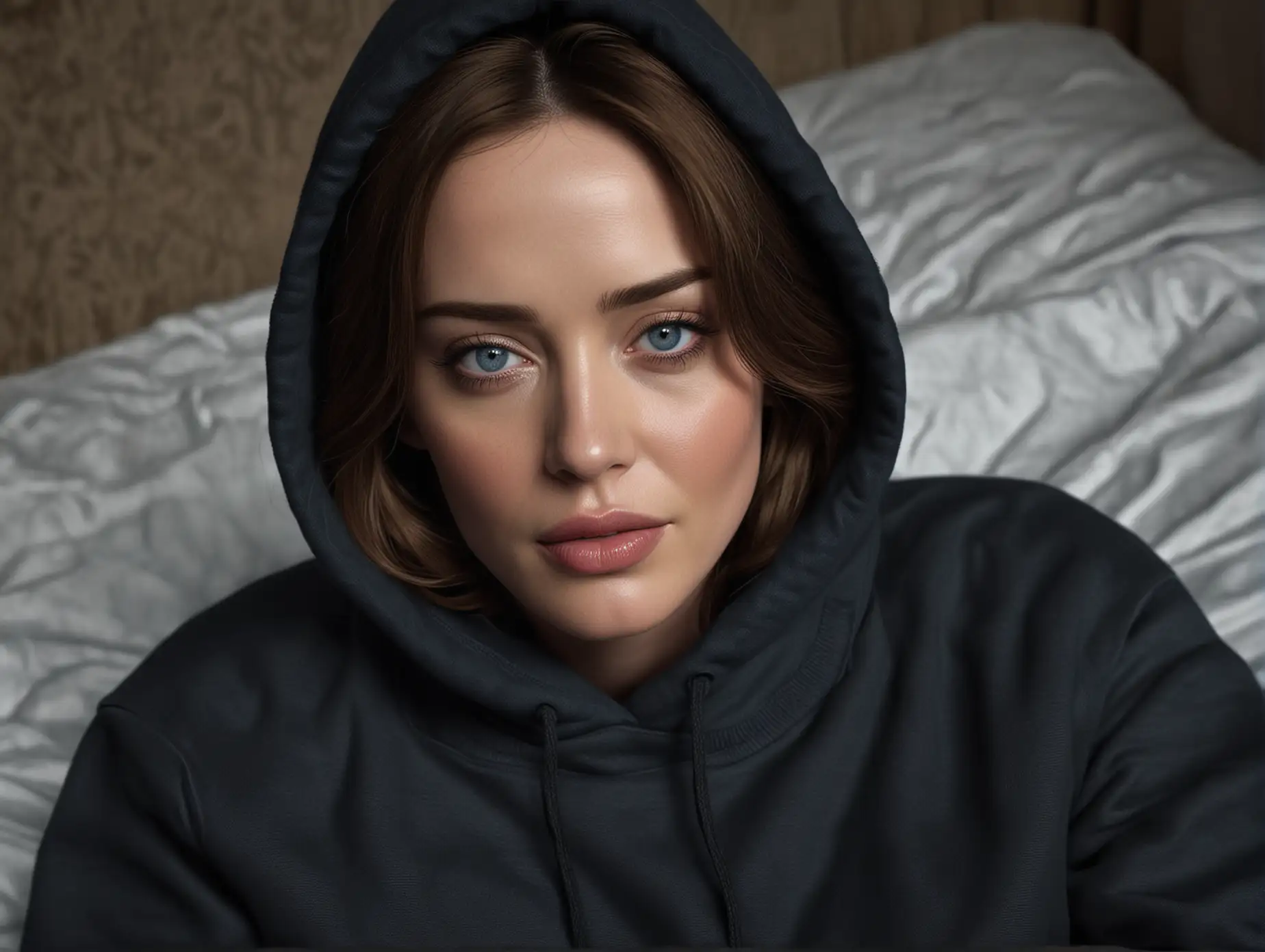 Emily Blunt, brunnete, high collar, hyperrealistic, professional photo,high detail, full length, 4k, realistic skin texture, big lips, blue eyes, in black hoodie lying on the bed