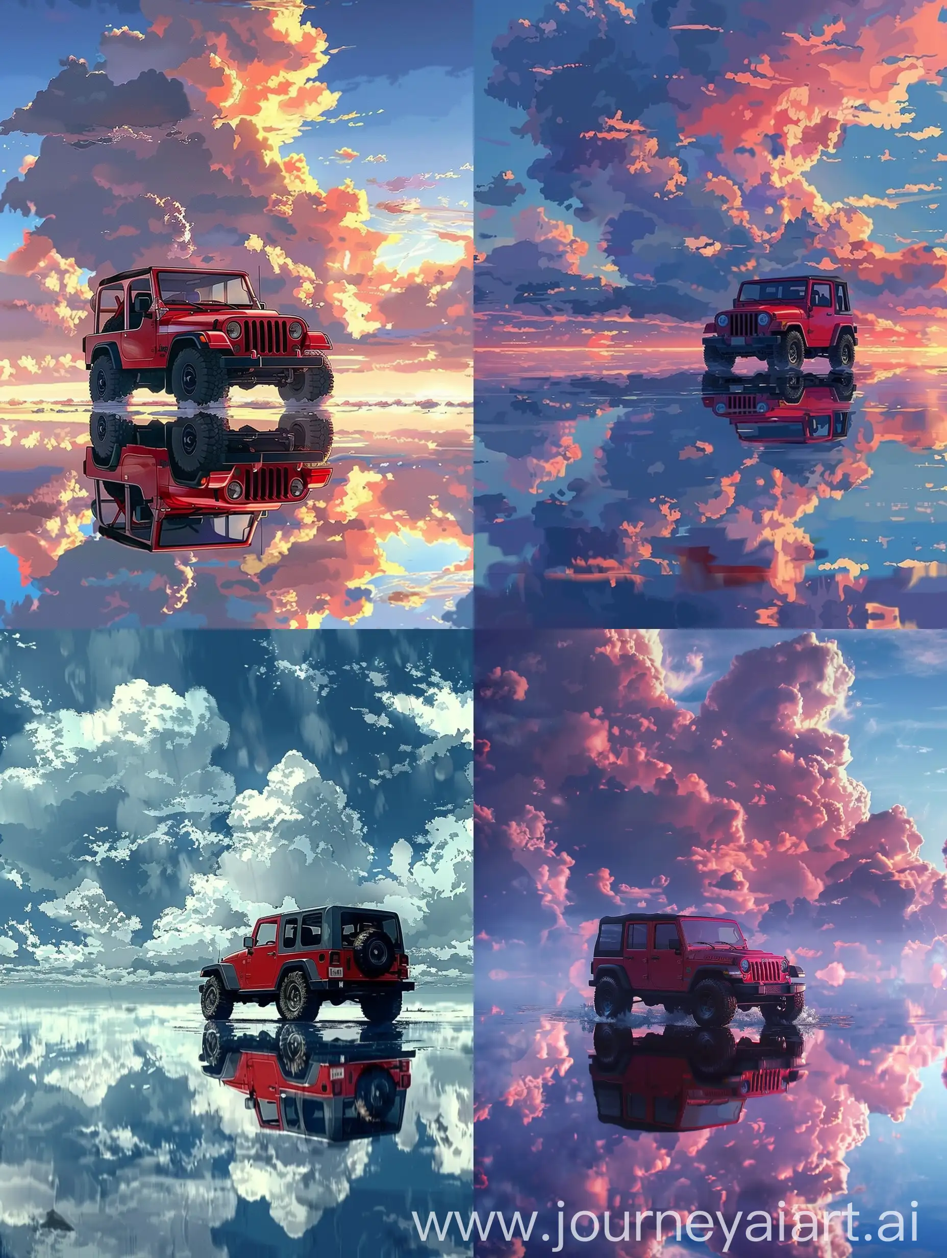 Colorful-Anime-Sky-with-Puffy-Clouds-and-Red-Jeep-Reflection