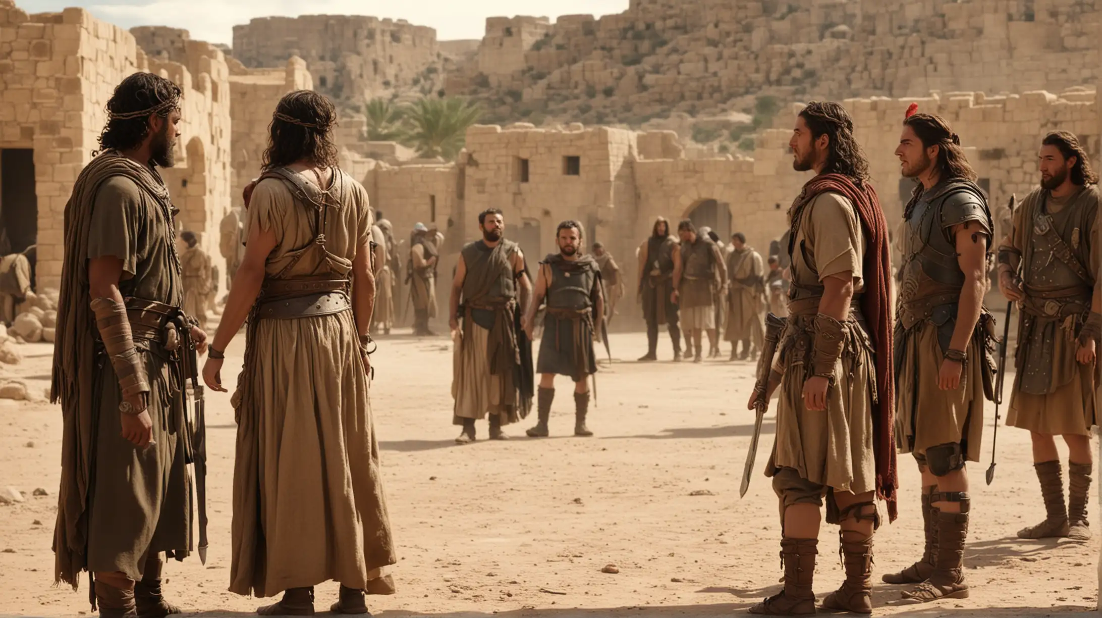 a woman talking to a few men warriors  in a desert city. Set during the Biblical era of King David.