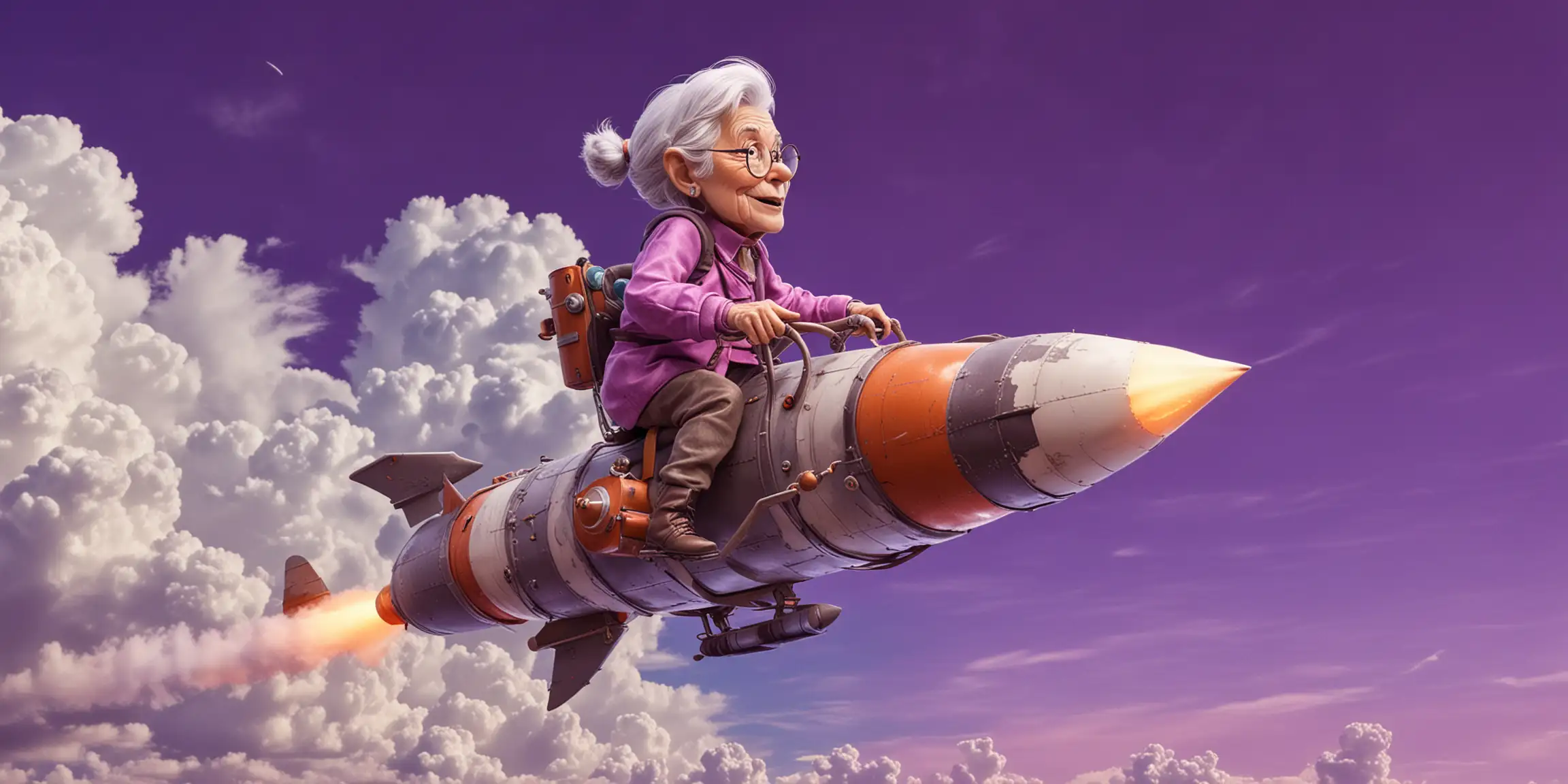 Elderly Woman Riding Rocket in Vibrant Violet Sky with Puffy Clouds