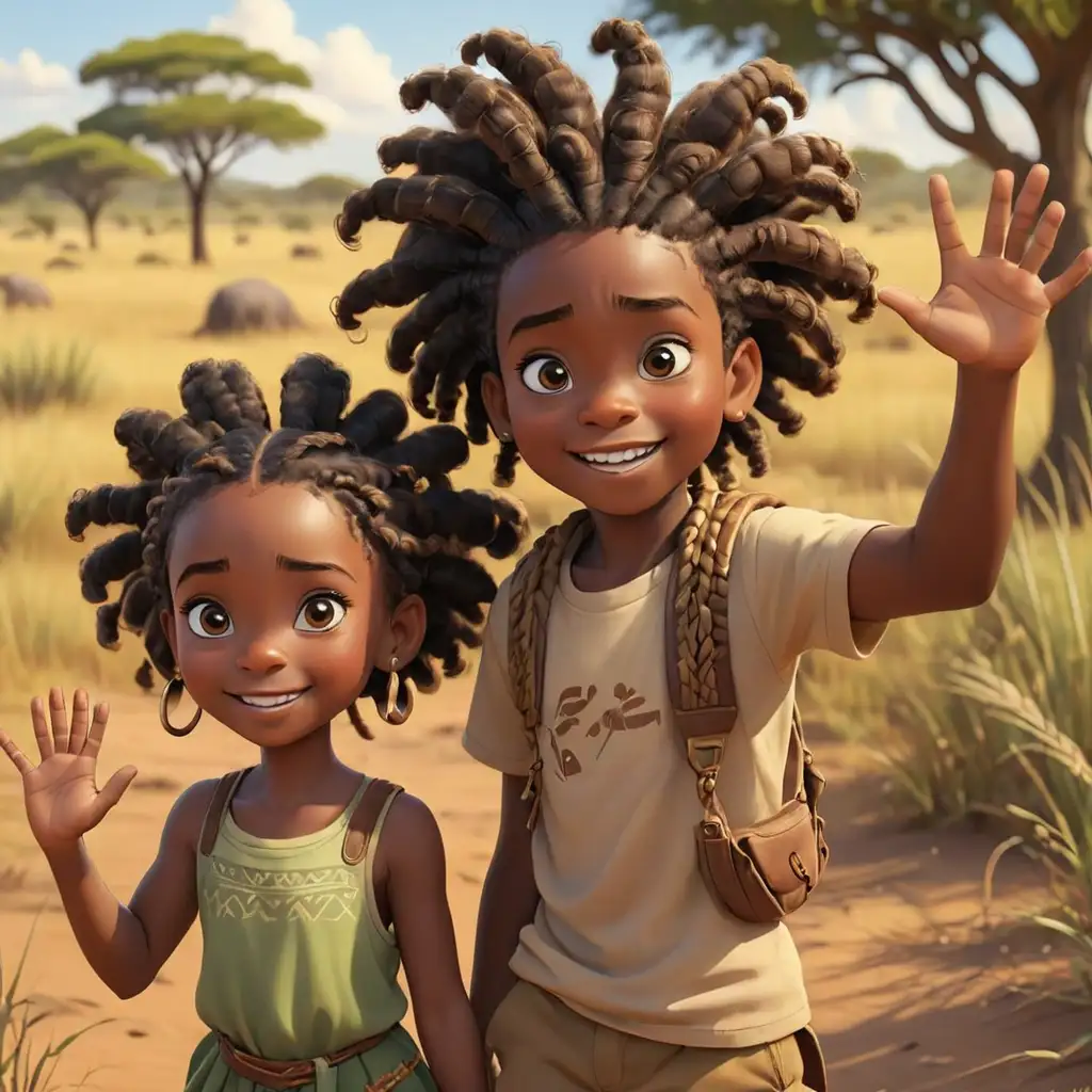 For. A Kids story book Illustrate two children ,black skin, with African hair a boy 7 years old and a girl 4 years old with braids in the African Savannah  waving hello to the reader cartoon style