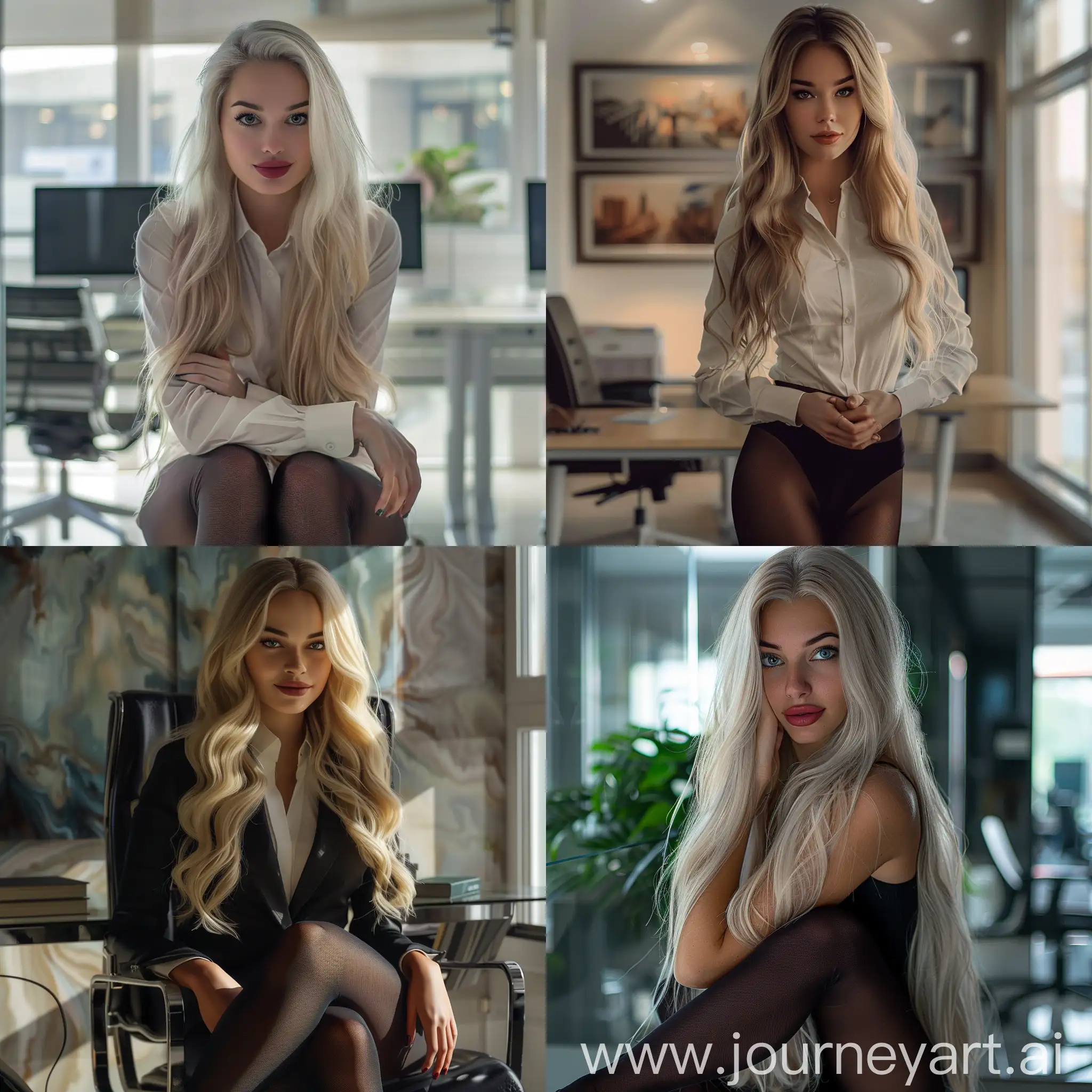 American young women, dark bodily pantyhose legs, emphasis on pantyhose legs beautiful, makeup exquisite beautiful, long blondehead delicate women, naturalistic pose, in beautiful office, very real, facial expression smile, hyperrealistic