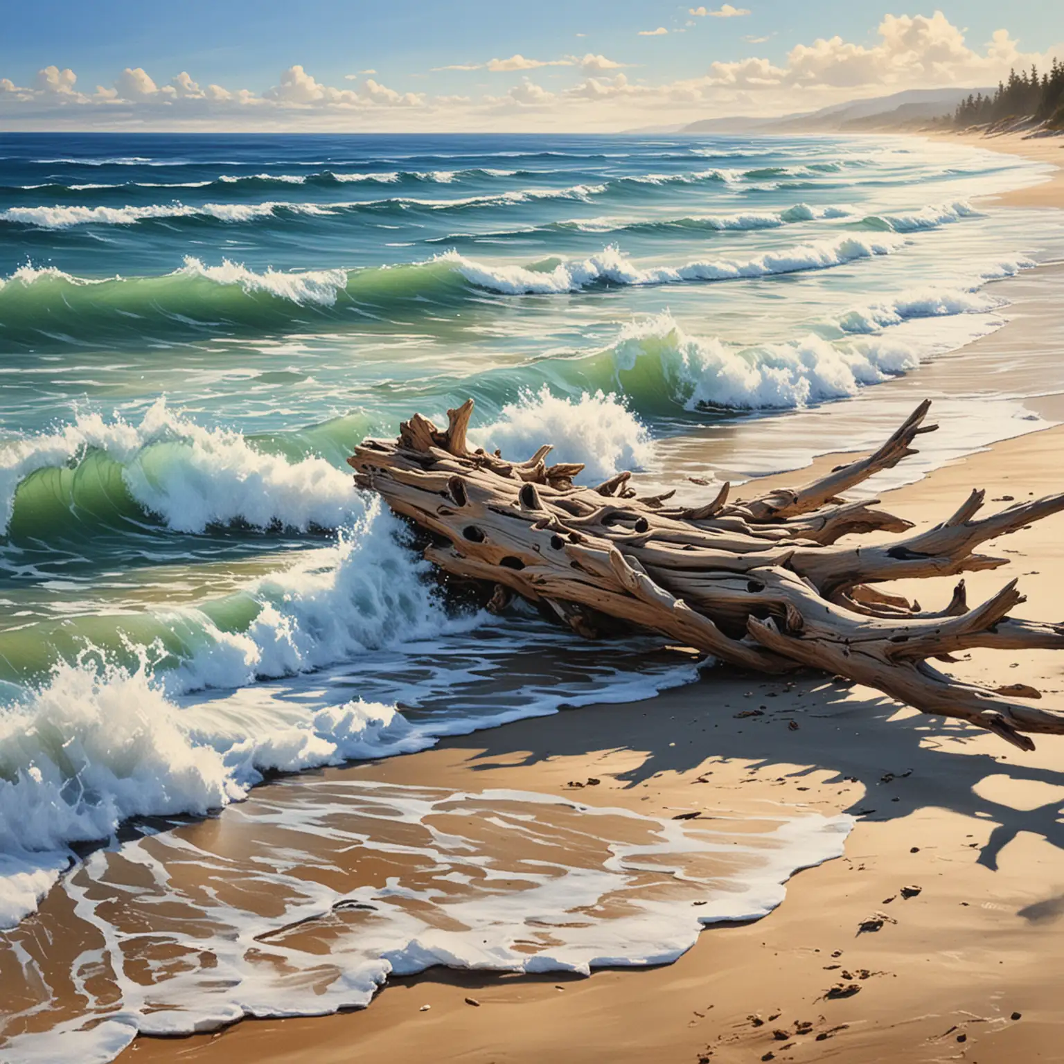 painting of driftwood on sandy beach blue ocean waves rolling in