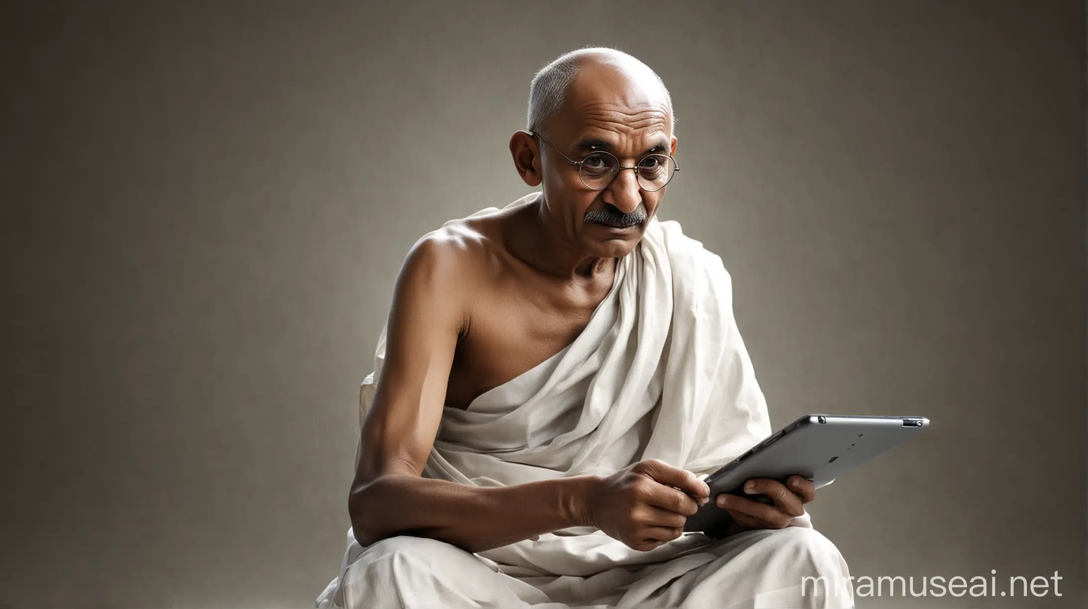 Create an image of Mahatma Gandhi using an Apple iPad, blending the iconic figure of Gandhi with modern technology