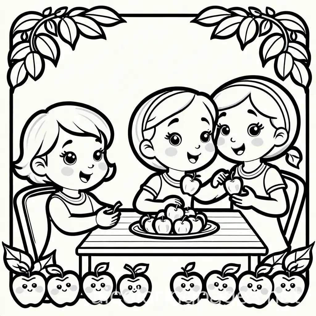 children eat apples, Coloring Page, black and white, line art, white background, Simplicity, Ample White Space. The background of the coloring page is plain white to make it easy for young children to color within the lines. The outlines of all the subjects are easy to distinguish, making it simple for kids to color without too much difficulty