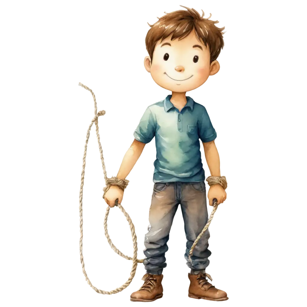 cartoon boy, standing, has rope, he ispainted, watercolors, like outdoors, 10 years old, brown hair, a little mud on pants