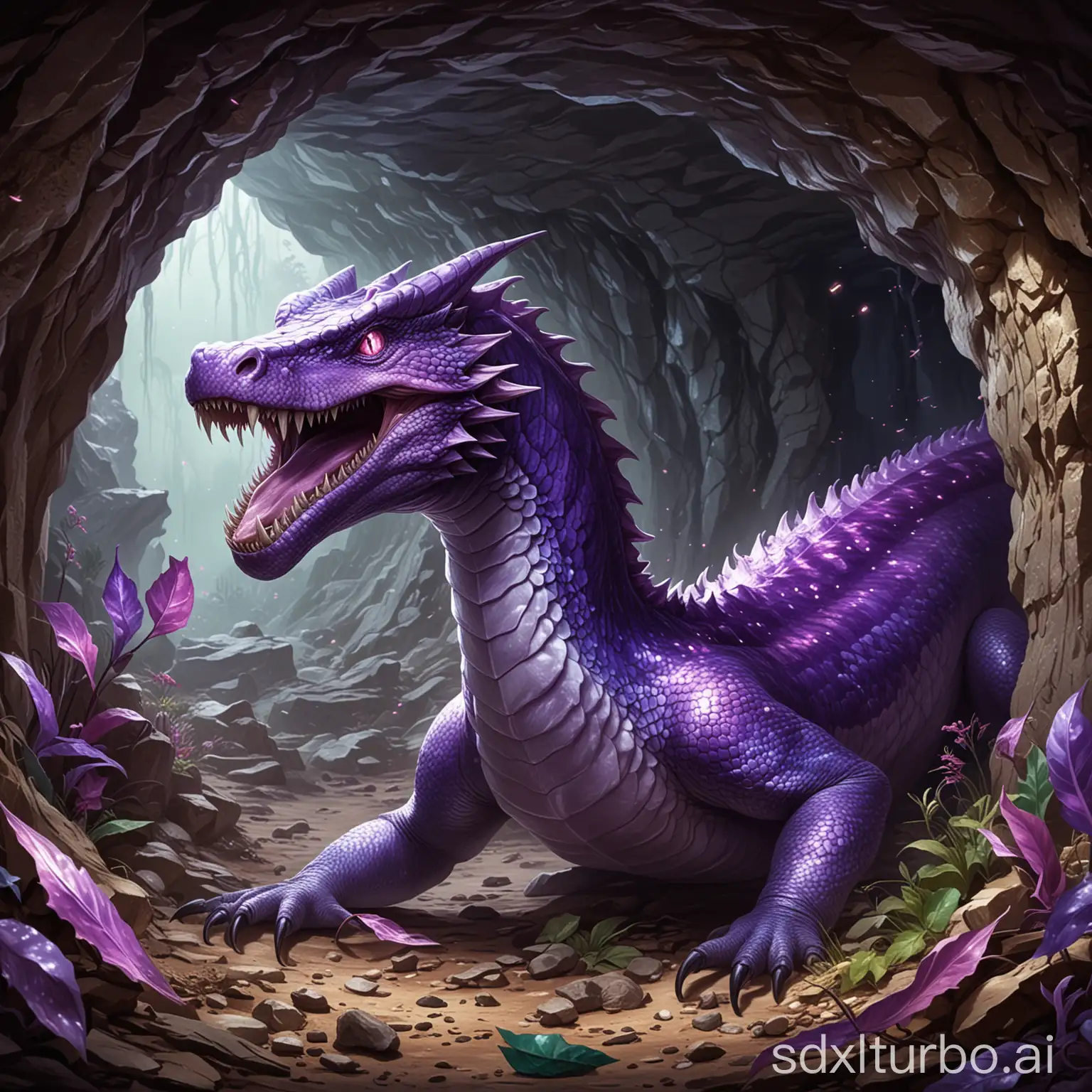 A mighty Lindwurm with purple scales and heads in its cave on its glittering hoard. Appears startled, as if sniffing for adventurers.