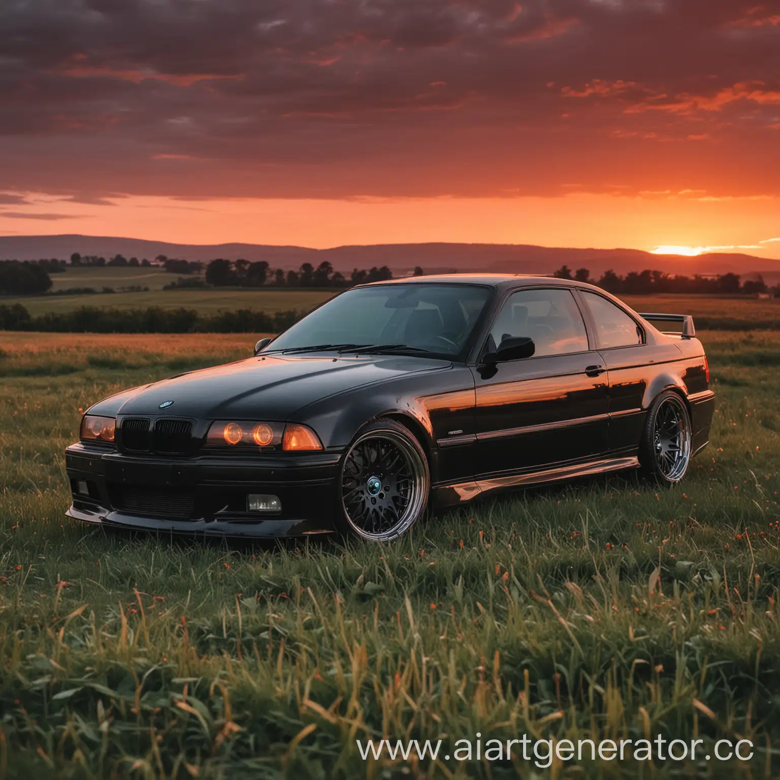 Sleek-Black-BMW-E36-Driving-Through-Crimson-Sunset-Field