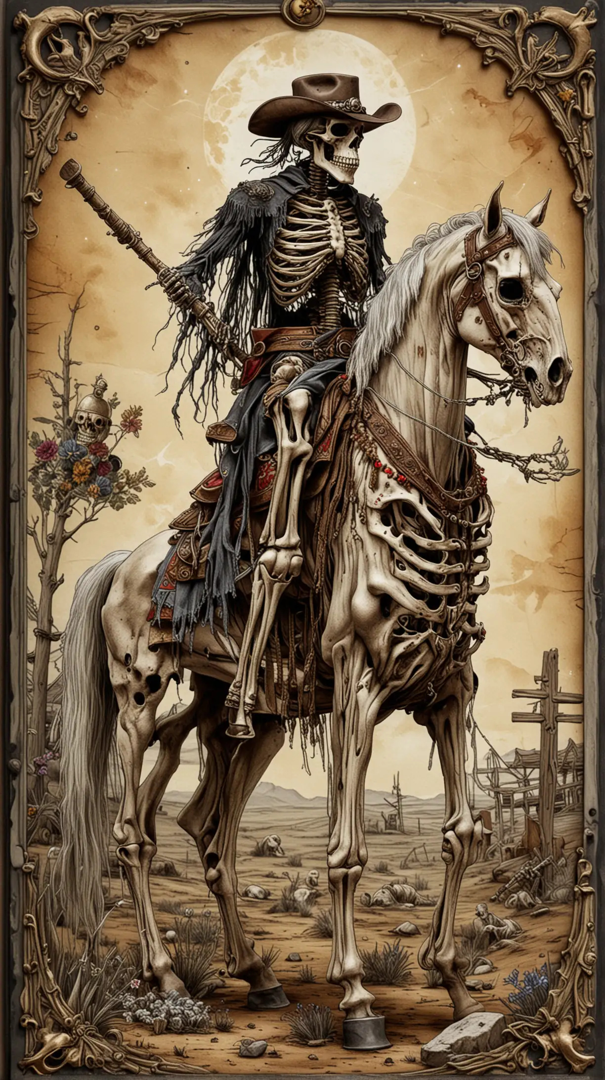 cowboy tarot card highly detailed cowboy skeleton an a skeleton horse