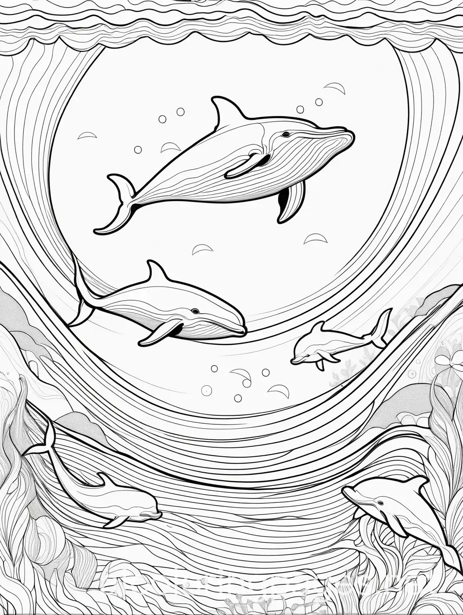 creat me coloring page of A pair of whales, possibly a mother and calf, swimming in the deeper parts of the ocean with rays of light filtering down. it should be simple its for kids on the age of 7 years old, Coloring Page, black and white, line art, white background, Simplicity, Ample White Space. The background of the coloring page is plain white to make it easy for young children to color within the lines. The outlines of all the subjects are easy to distinguish, making it simple for kids to color without too much difficulty