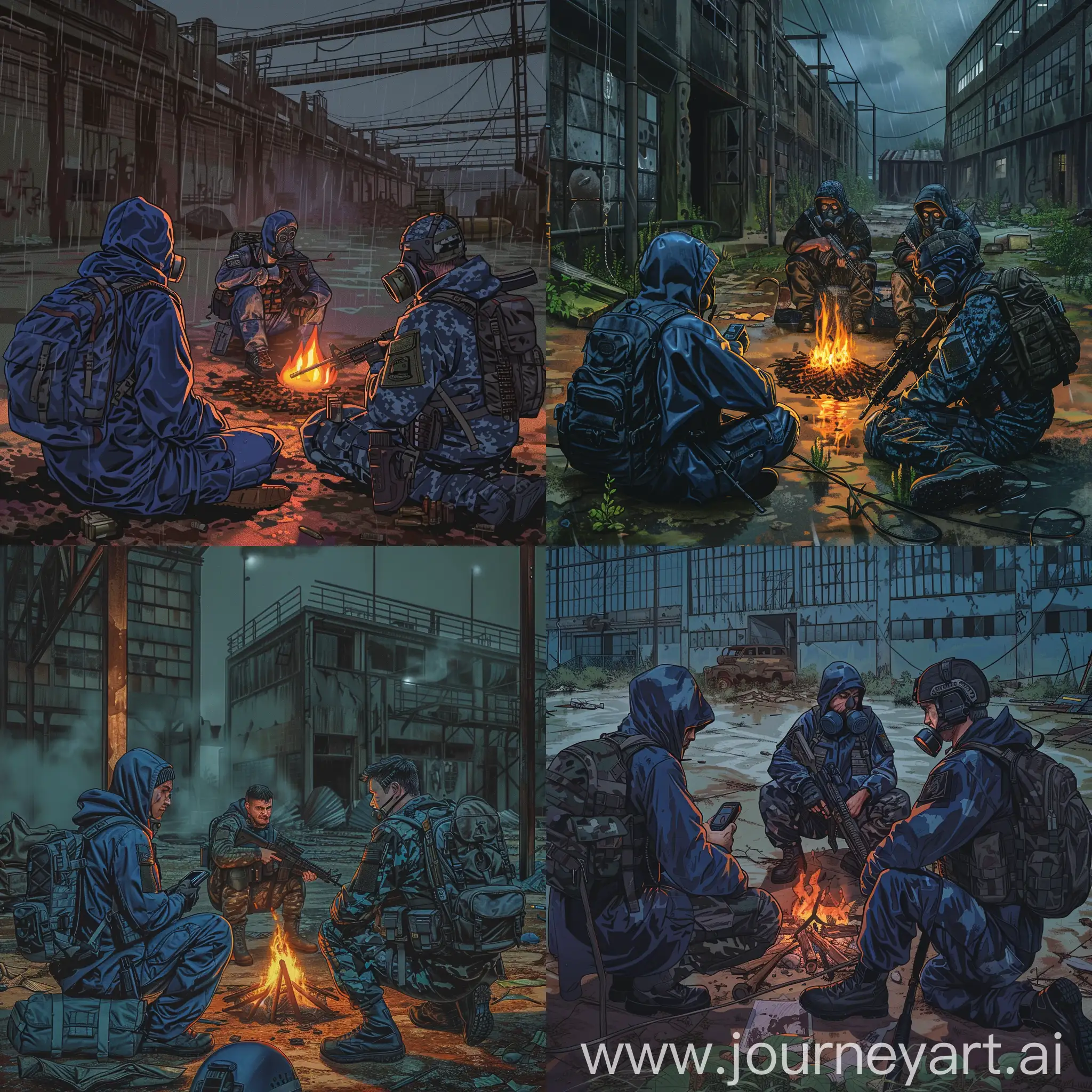 Mercenaries-in-Abandoned-Pripyat-Factory-Raincoats-Respirators-and-Rifles