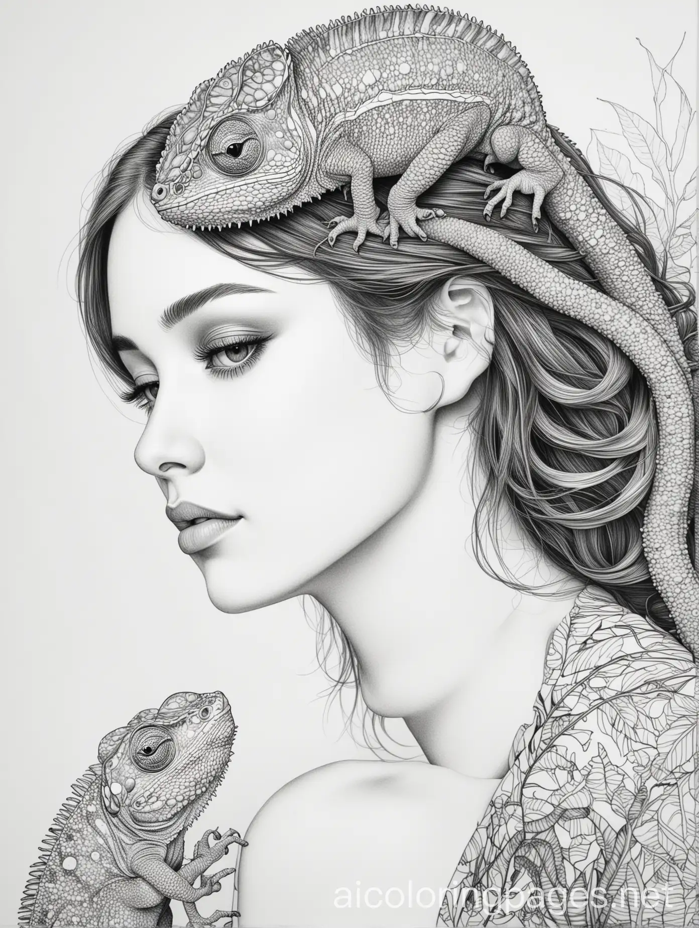 Female-and-Chameleon-Blending-in-Black-and-White-Coloring-Page