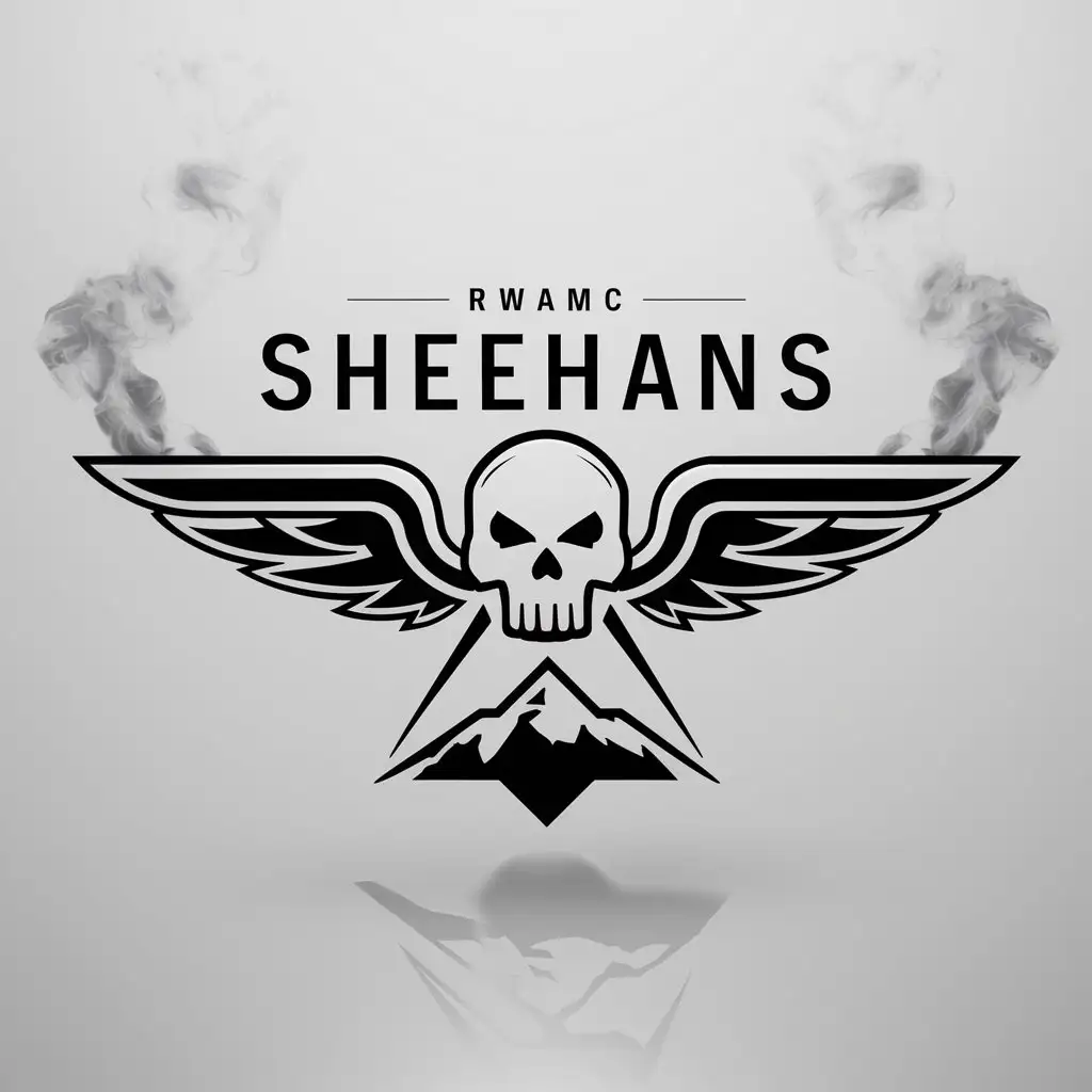 a logo design,with the text "RWAMC SHEEHANS", main symbol:wings,skull, smoke,mountain,complex,be used in Entertainment industry,clear background