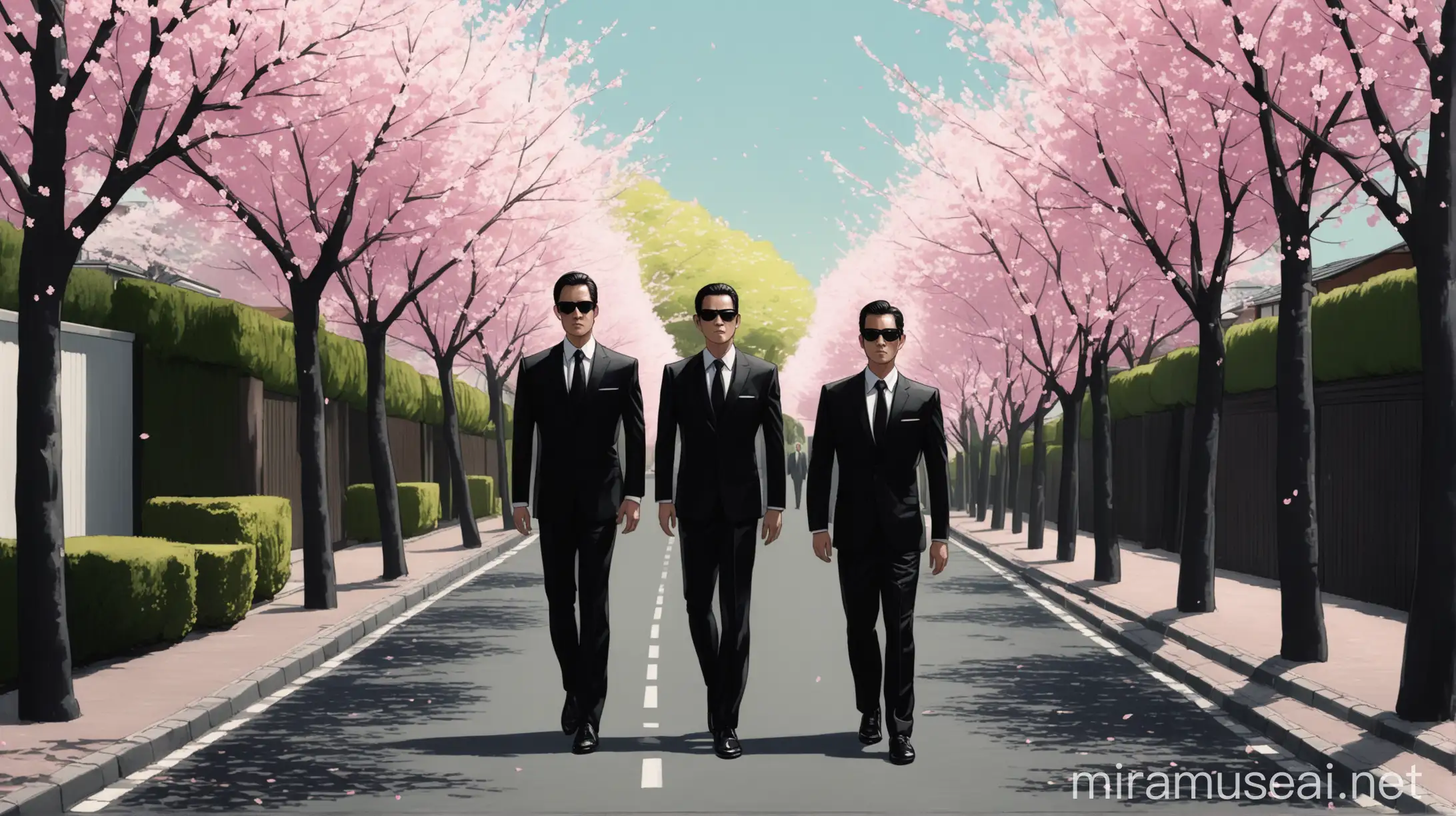 three identical men in black suits and dark sunglasses, a quiet suburban street lined with cherry blossom trees