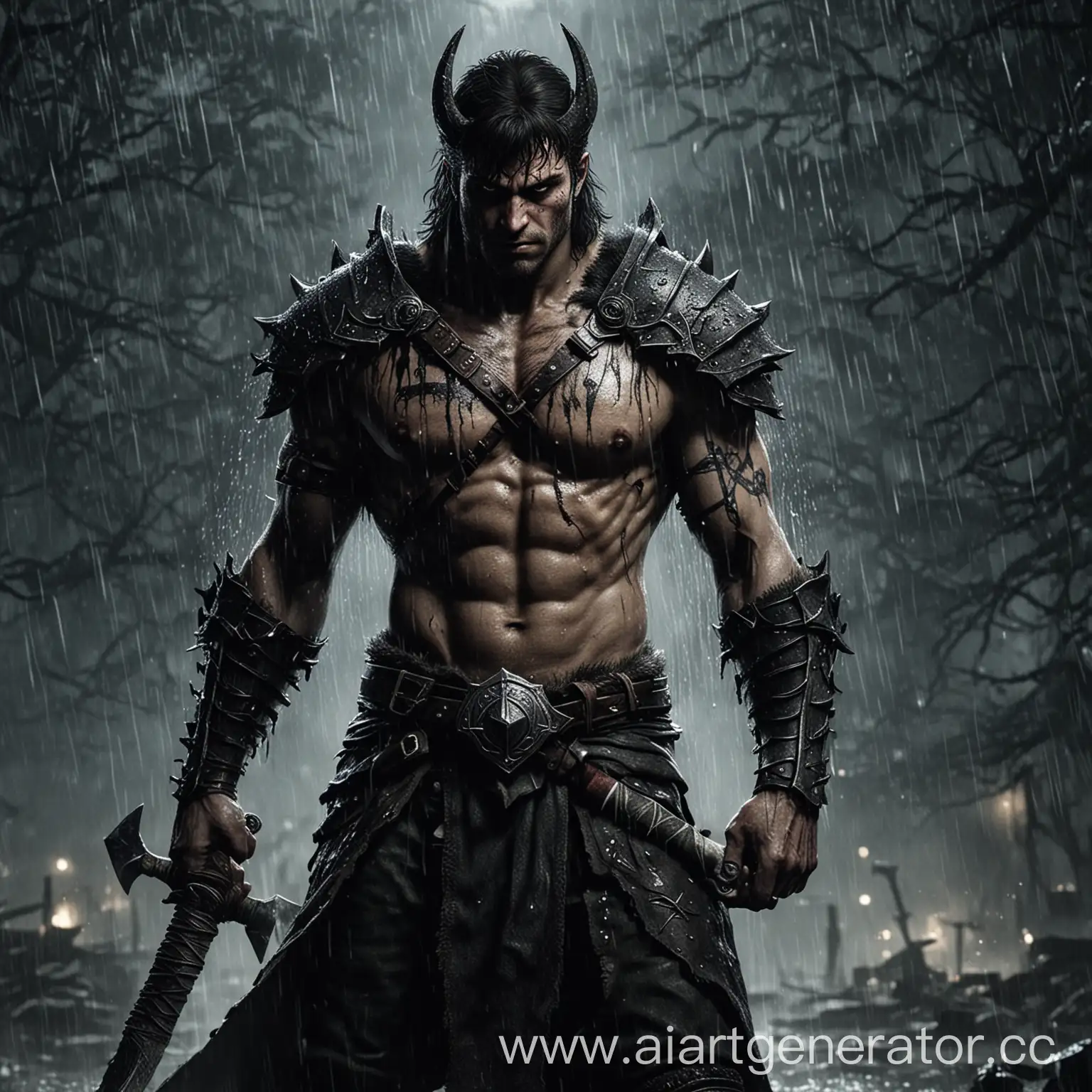4k picture, berserk from game Skyrim, rain, night, axes in two hands, tatoo body