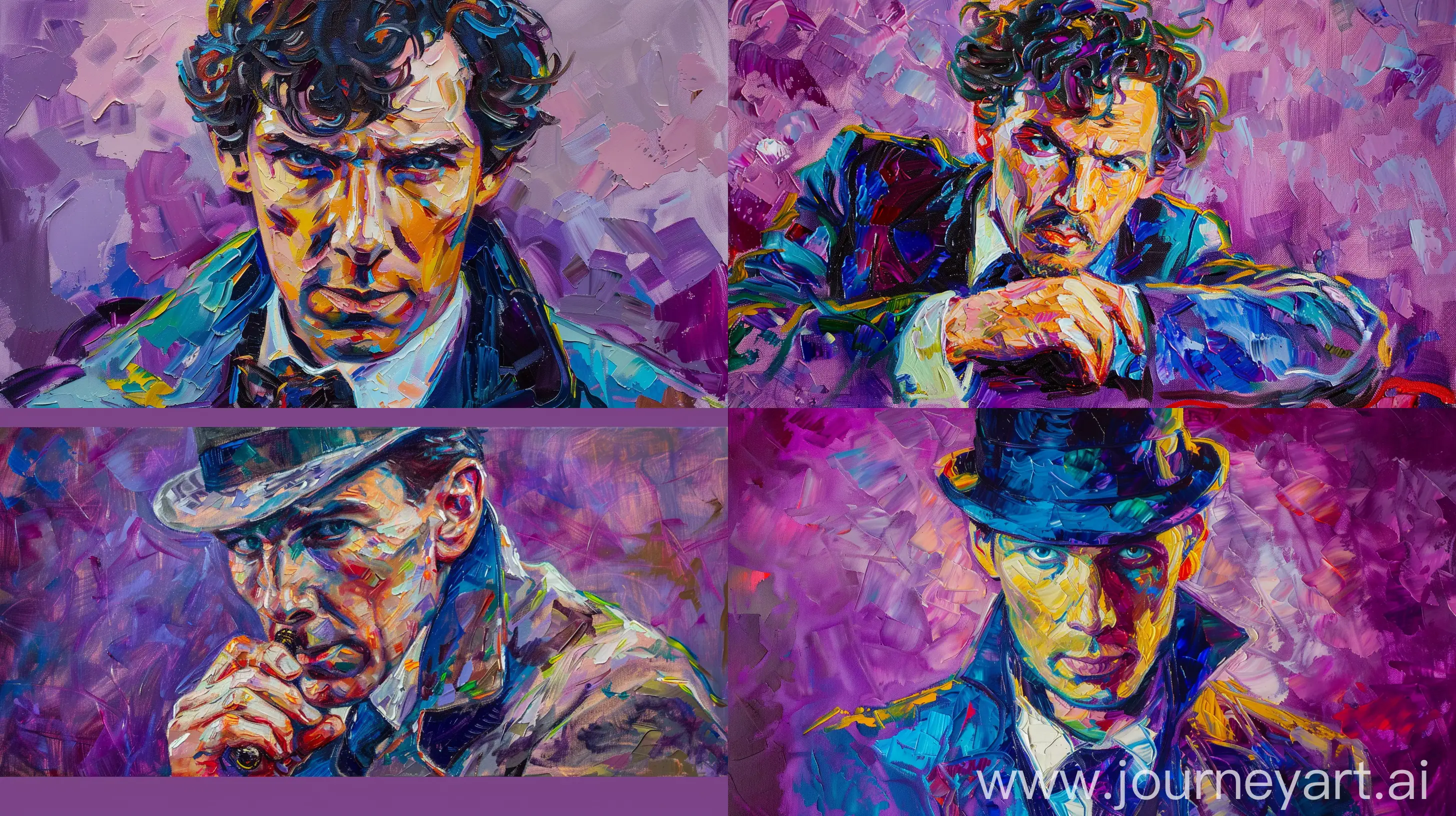 oil painting of sherlock holmes in van gogh style with soft vibrant pastel colors with purple background --ar 16:9
