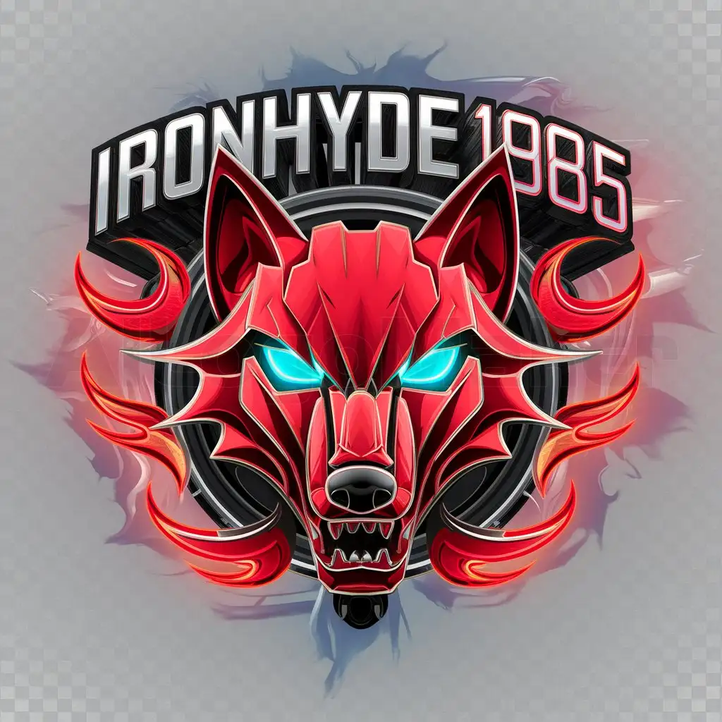 a logo design,with the text "IronHyde1985", main symbol:3D Iron Wolf Head with Red on the face and Neon Blue Eyes with Red Flames behind it,Moderate,clear background