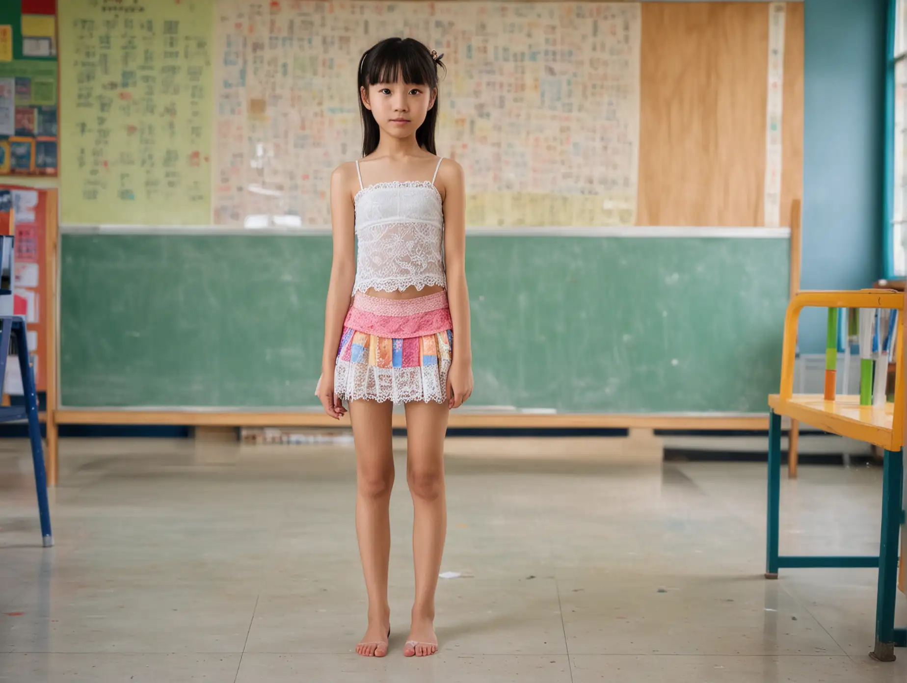 Skinny, cute, eleven year old Chinese girl with tiny lace tube top and tiny thin skirt standing barefoot in colorful school.