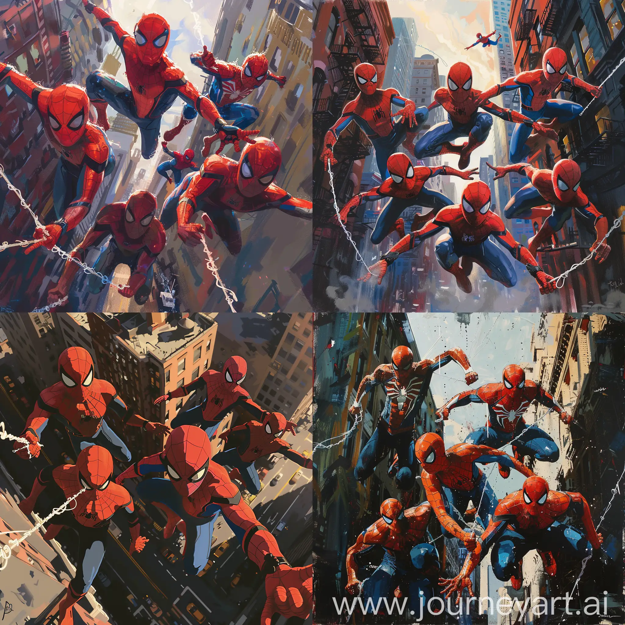 6 adolescent Spidermans swinging through the city looking at the viewer, 3 red, 2 blue, and 1 orange