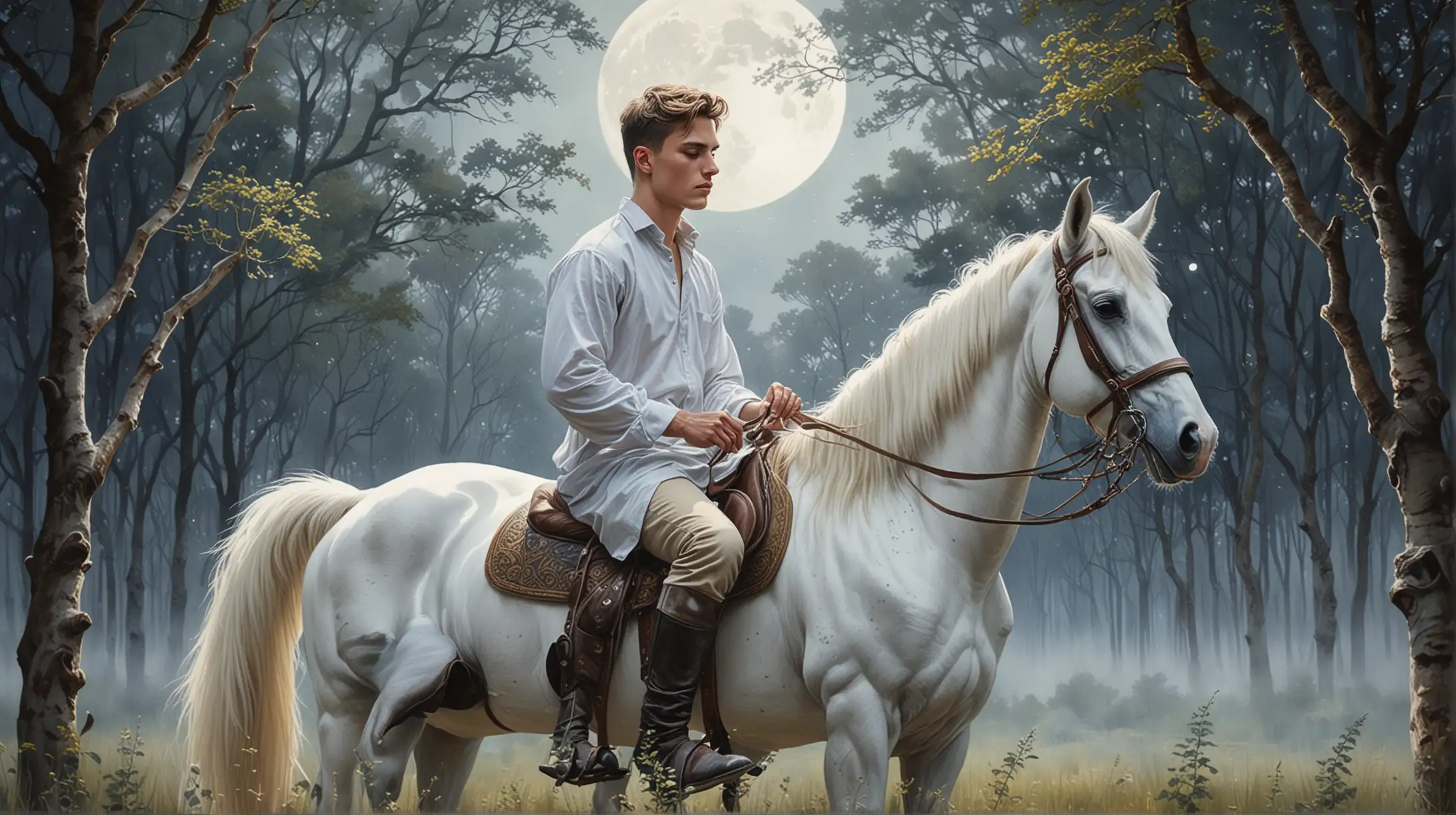 Gouache painting of handsome young man sitting on the white horse in tha middow with trees, mystical atmosphere, moon on the sky, fine art, modern realism