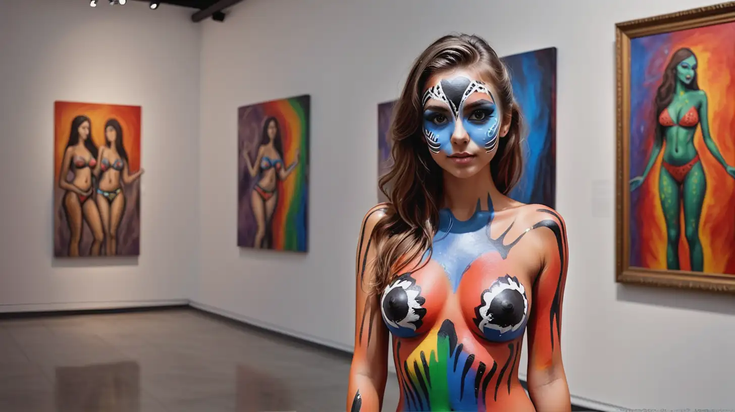 25 year old girl in art gallery posing wearing body paint. Bikini.