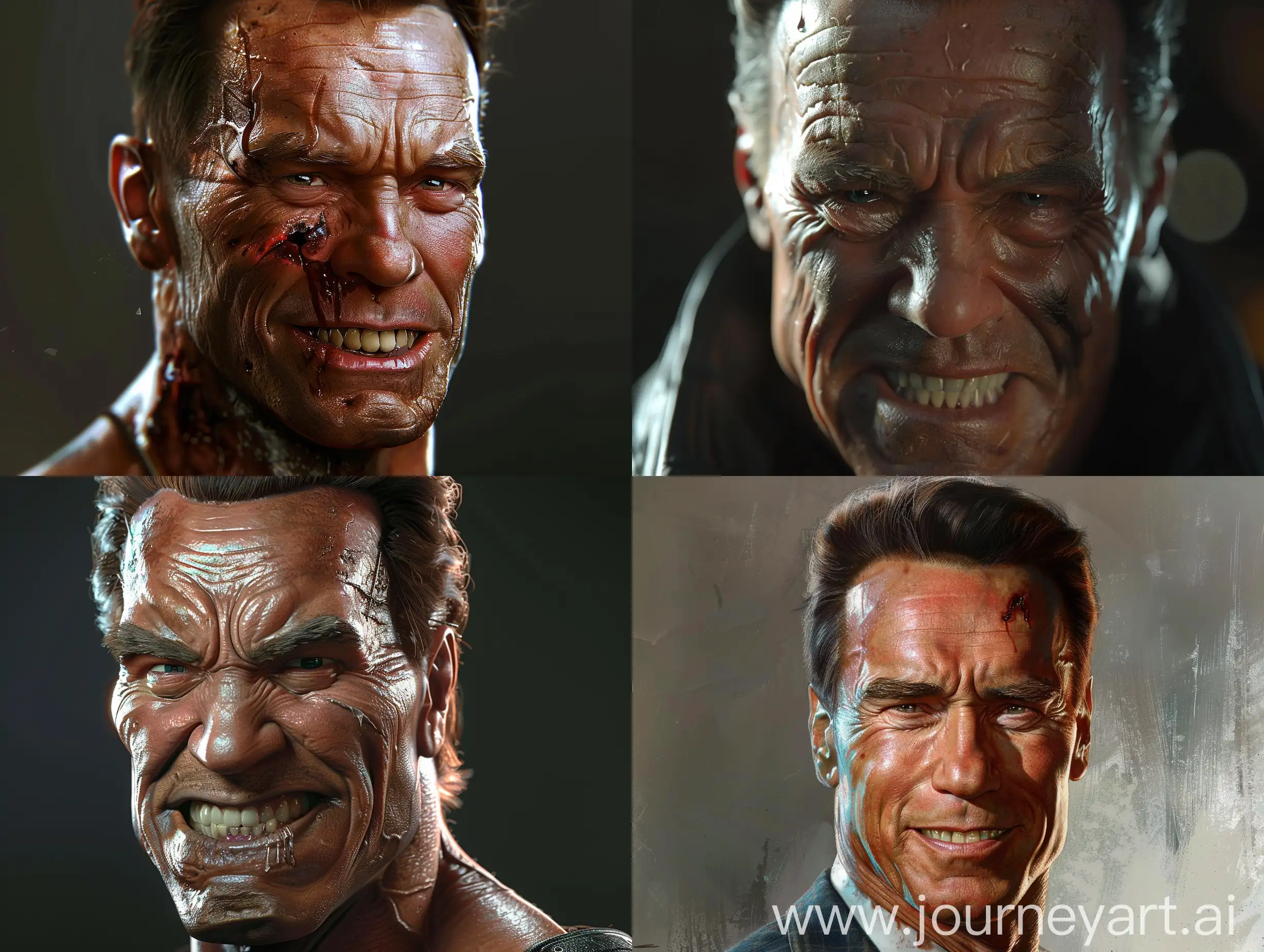 Arnold Schwarzenegger villain look, bad smile, realistic, real