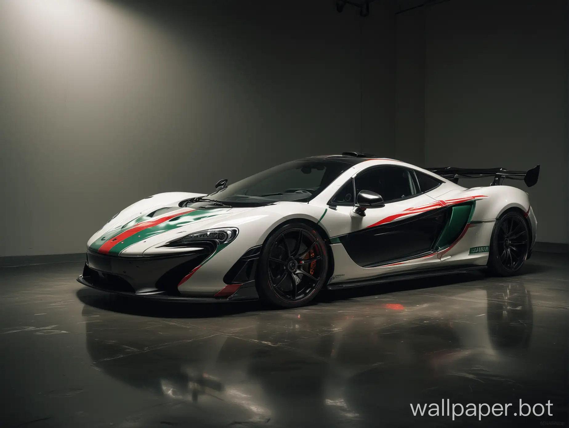 white McLaren P11 with green and red stripes in a dark room with faint light
