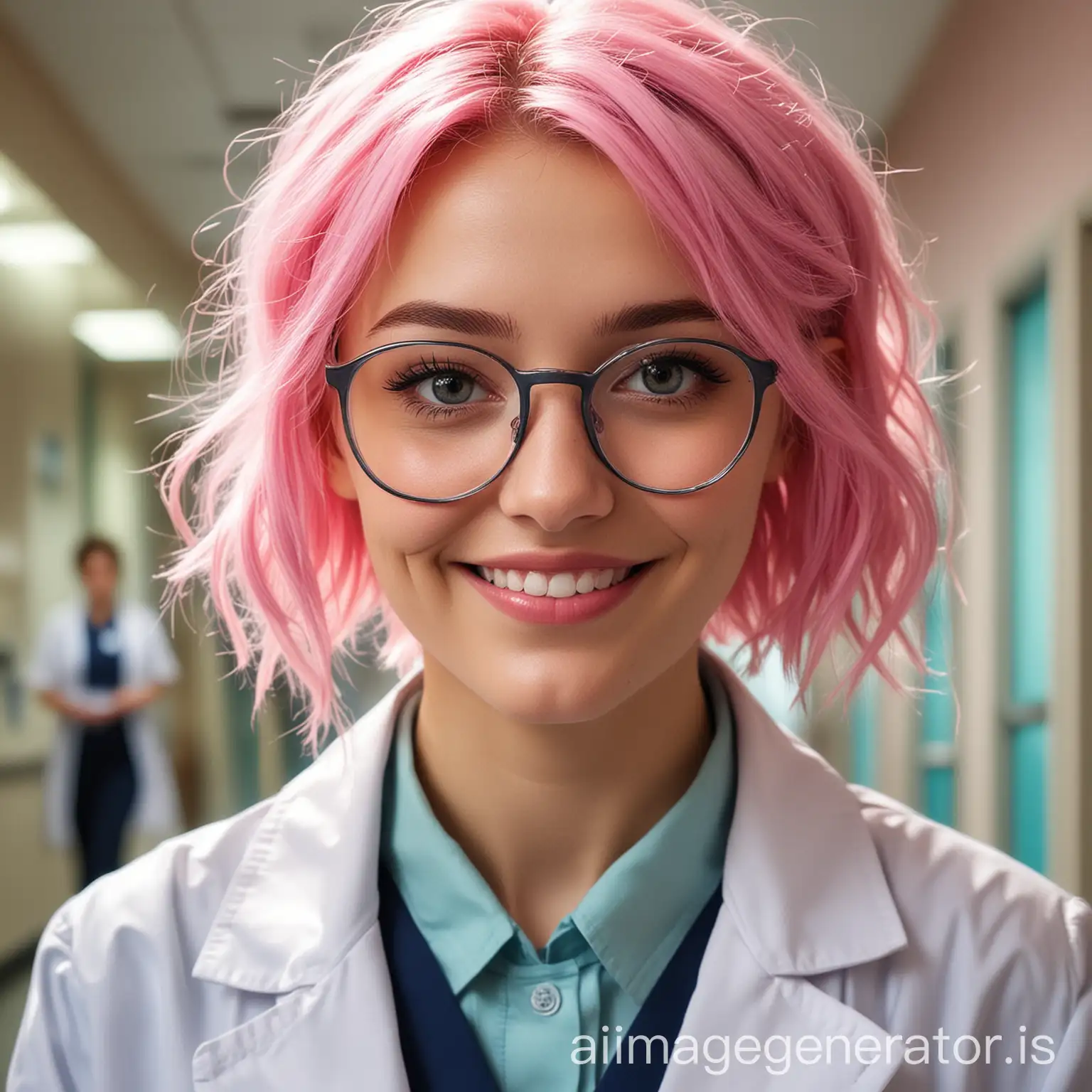 A breathtakingly beautiful young doctor, her delicate features framed by a pair of stylish glasses. She exudes an air of intelligence and warmth, her pink hair adding a playful touch to her professional appearance. Her smile is infectious, revealing a set of perfectly aligned teeth, and her gaze is fixed on something just beyond the viewer's periphery, conveying a sense of focus and dedication. She's dressed in a crisp white coat, which accentuates her slender figure, and her name tag identifies her as "Dr. Rosie." The background of the image shows a busy hospital corridor, with nurses and patients going about their daily routines, further emphasizing her role as a caring and competent medical professional., cartoon-style art, superb linework, nice colors and composition, bold linework, close-up, (masterpiece), cute art by Dana Terrace, by Rebecca Sugar, by ry-spirit, amazing and wholesome cartoon-style art, cute art style, (trending on artstation)