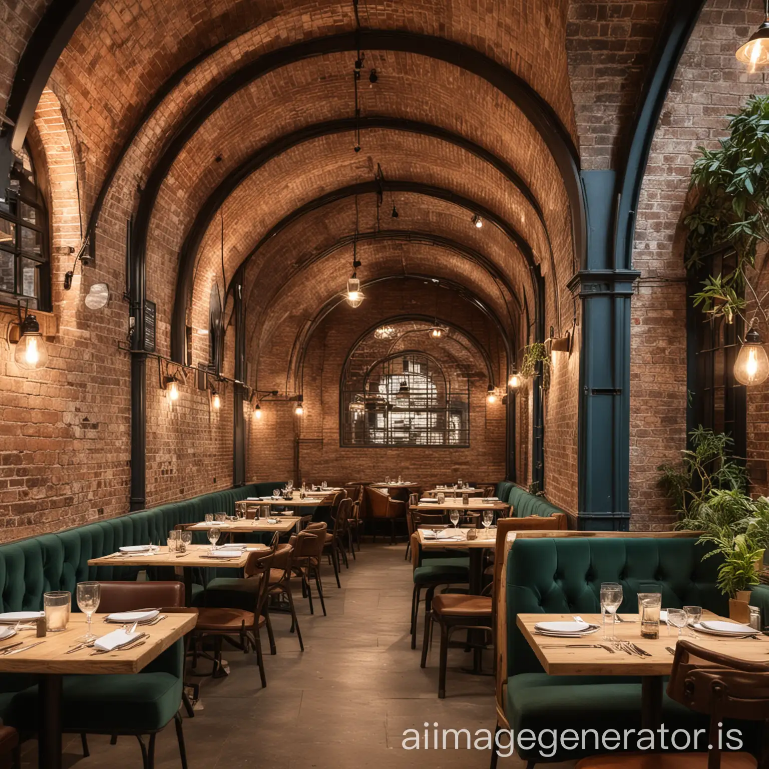 Create an interior design of a trendy, instagramable restaurant in London using current interior design trends and details in a railway arch setting