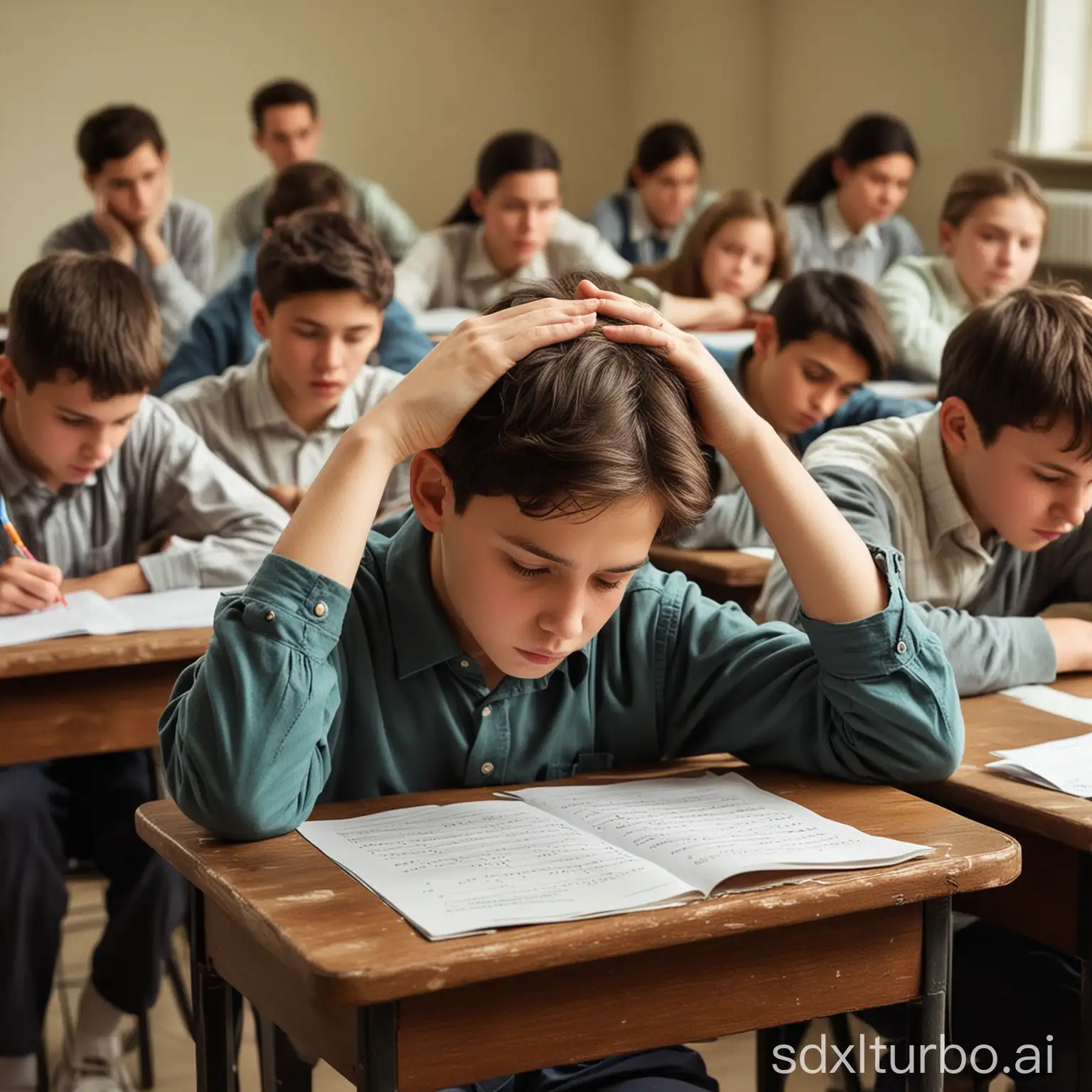 a class of thirty 12-year-old students taking a very difficult math exam, focusing on a child who puts his hands on his head full of despair