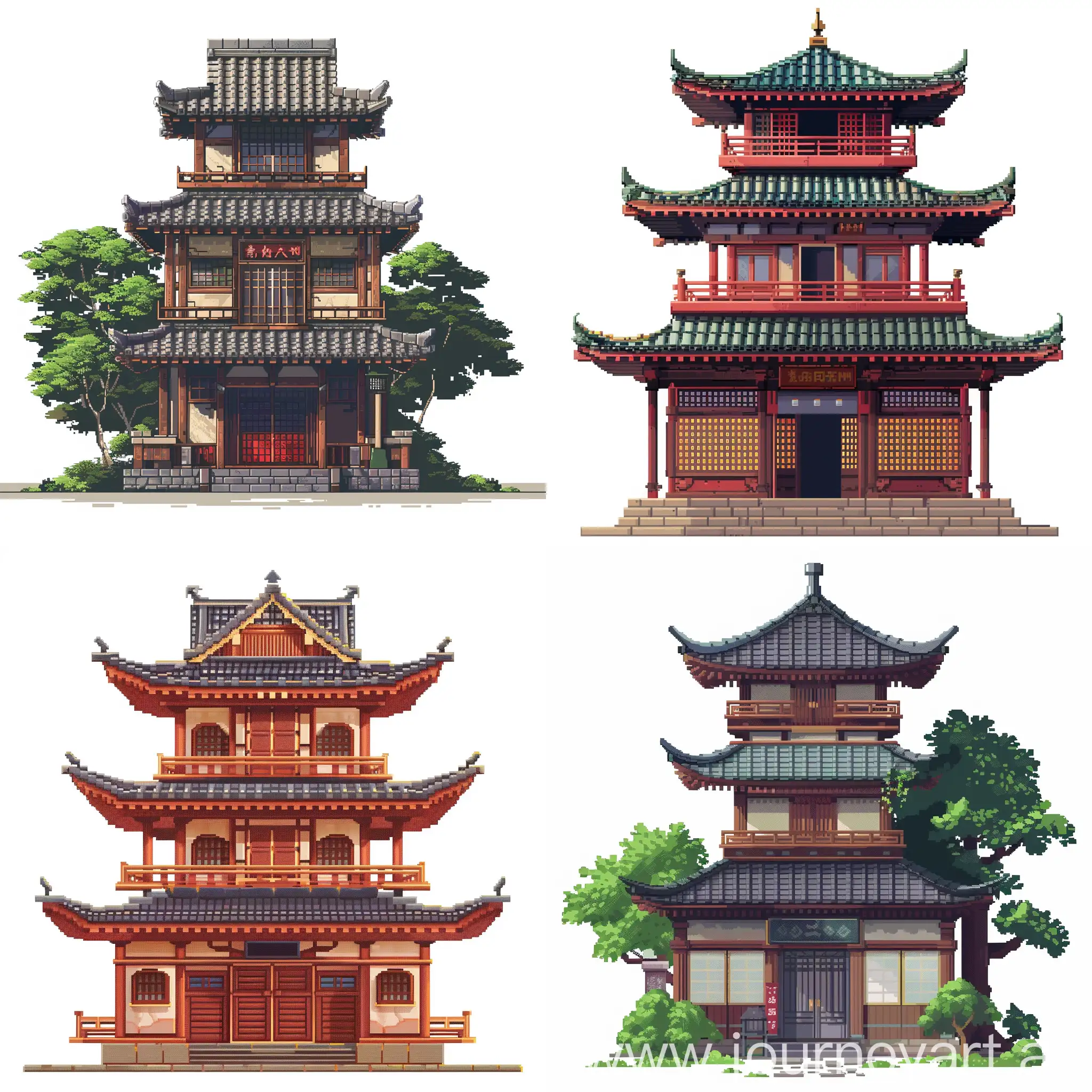 Typical ancient Japanese building with pixel art style on white background