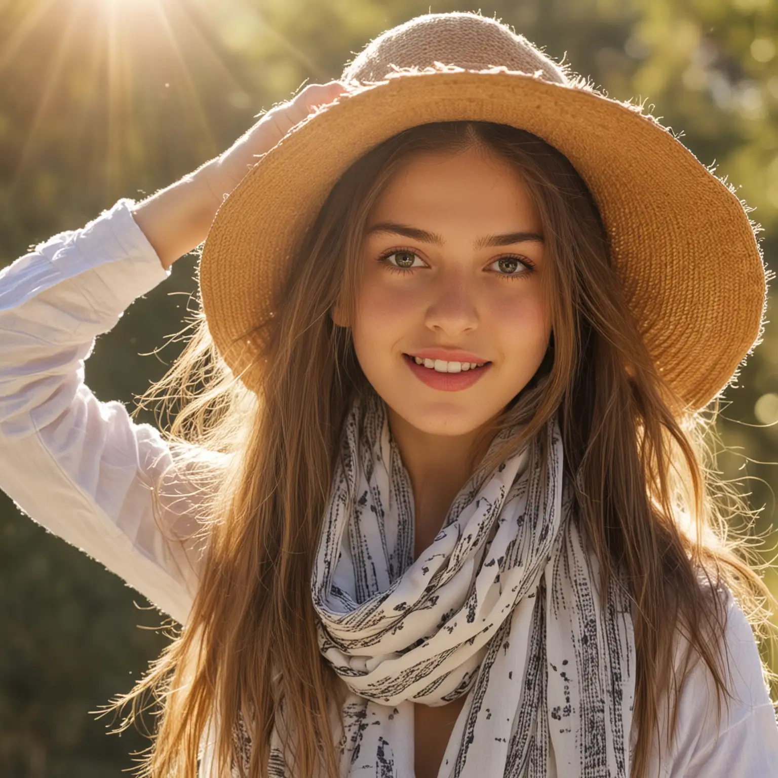girl flaunting with open hair, hat, scarf, in sun 