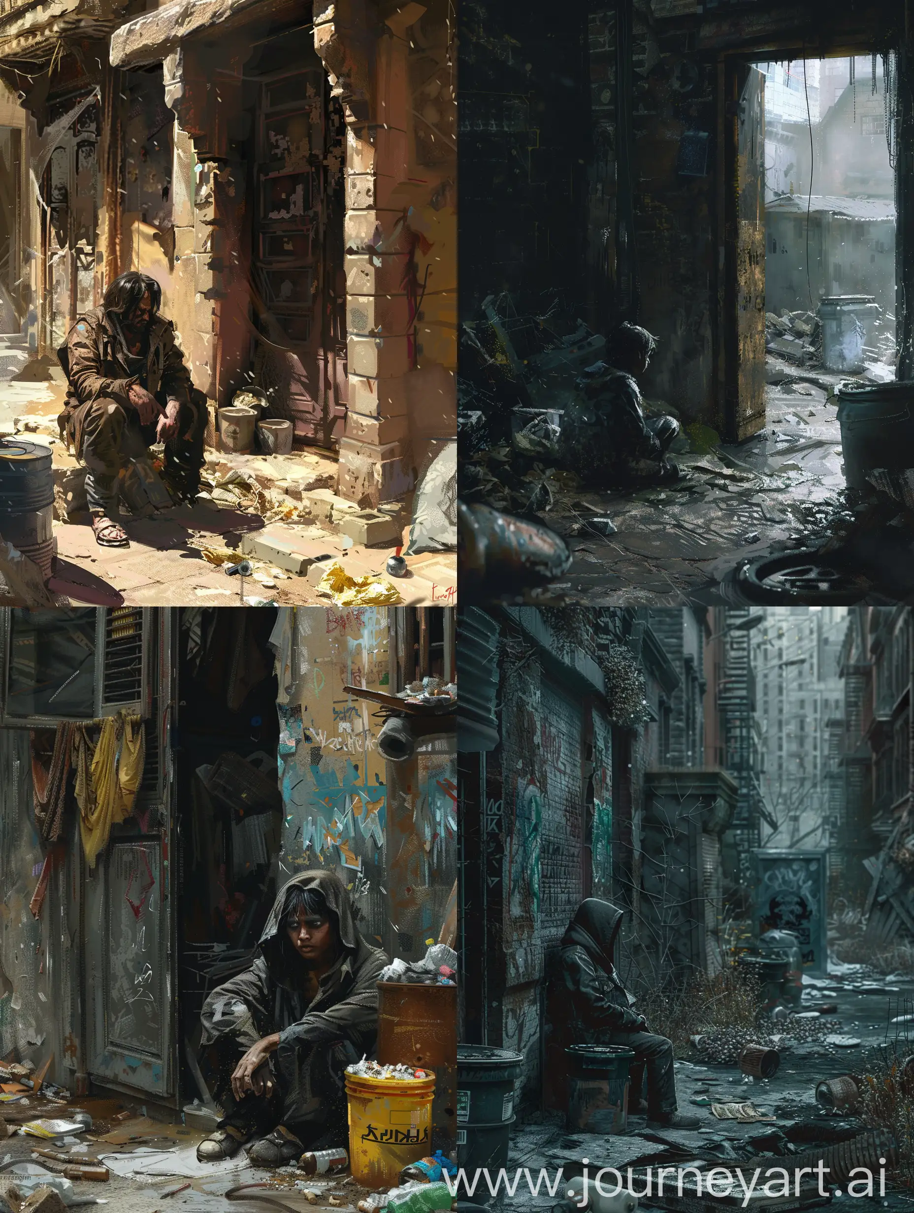 A dark-skinned kid, homeless, uncouth and long hair, dirty and beaten, a desperate expression on his face :: A doorway, garbage cans and a lot of garbage, everything is in ruins, a poor area