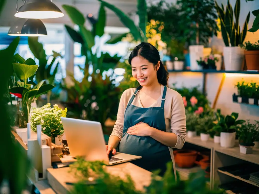 A photo of Vietnamese Woman, holding her belly, small business owner standing in a cozy, well-lit plant and gardening store. She is leaning on a counter, holding her belly, working on a laptop with a natural smile on her face. She appears engaged and content, highlighting the success of her business. She is not looking at the camera. Side view.