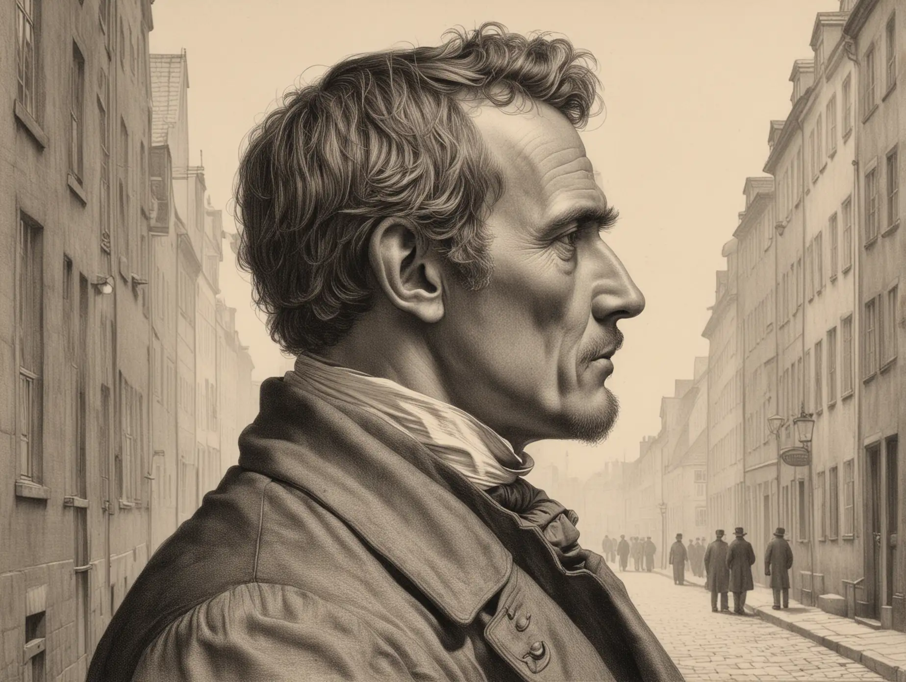 Man Sketching in 1850s Copenhagen Street Scene