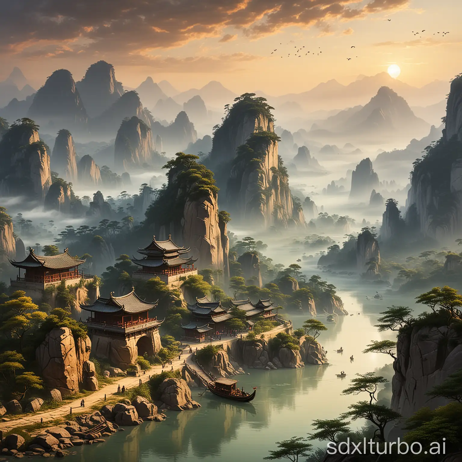 Serene-Chinese-Landscape-with-Misty-Mountains-and-Tranquil-Waters