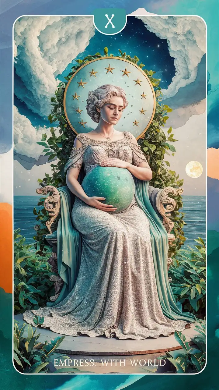 Pregnant Empress Surrounded by Cosmic Typography