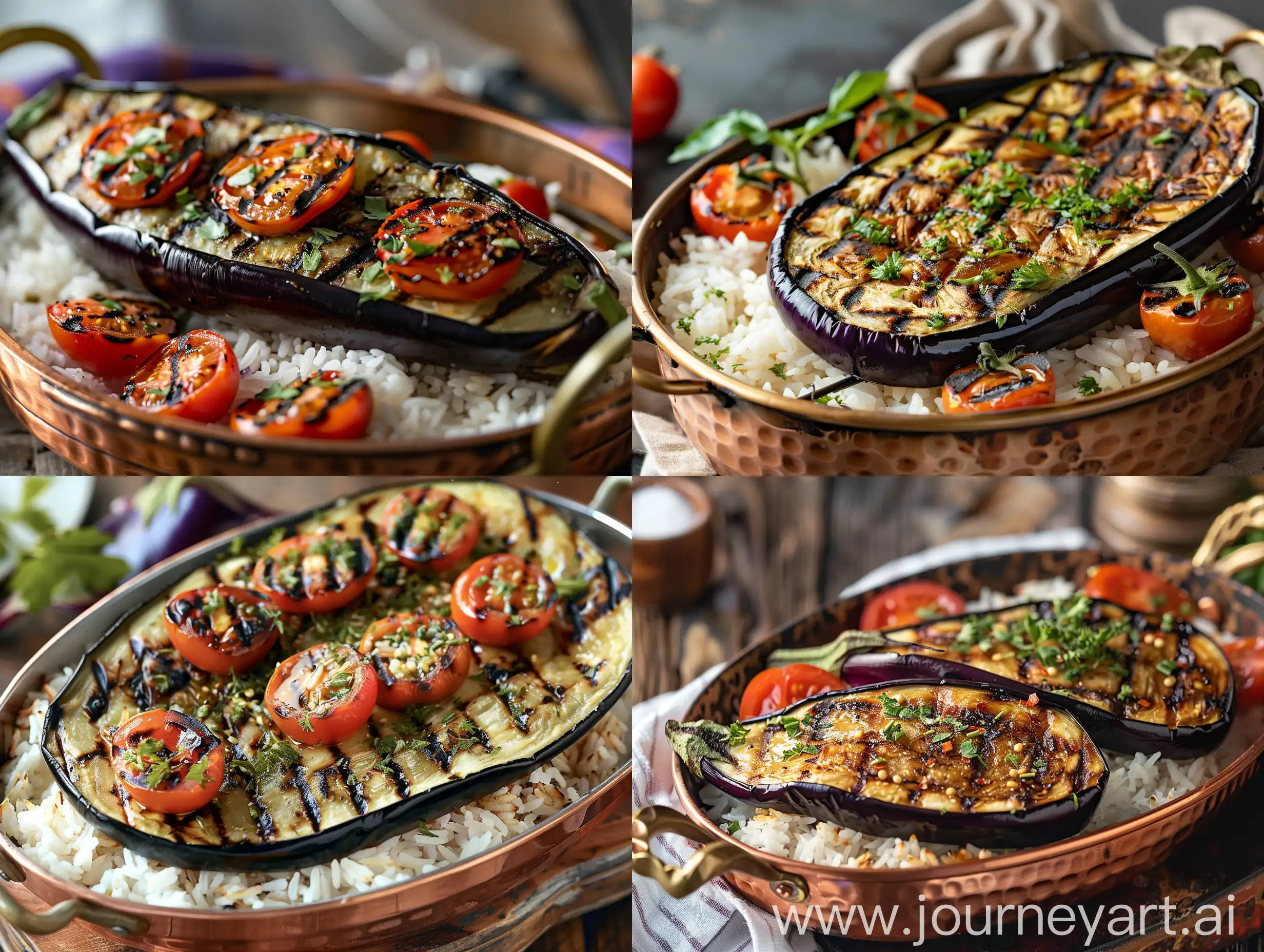 Photo of grilled eggplant with rice and grilled tomatoes in a copper dish