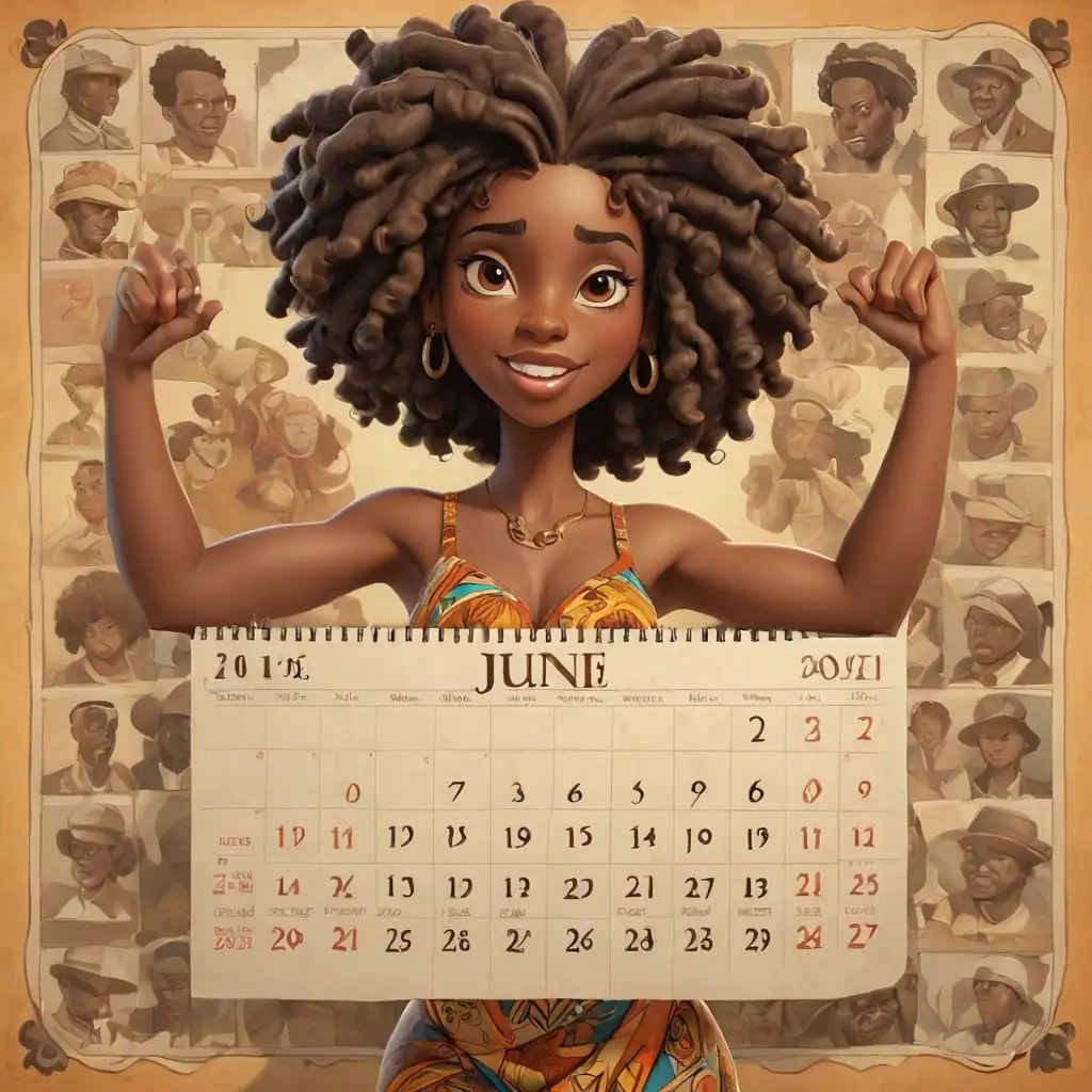 Defined 3D cartoon-style African American June Calendar 
