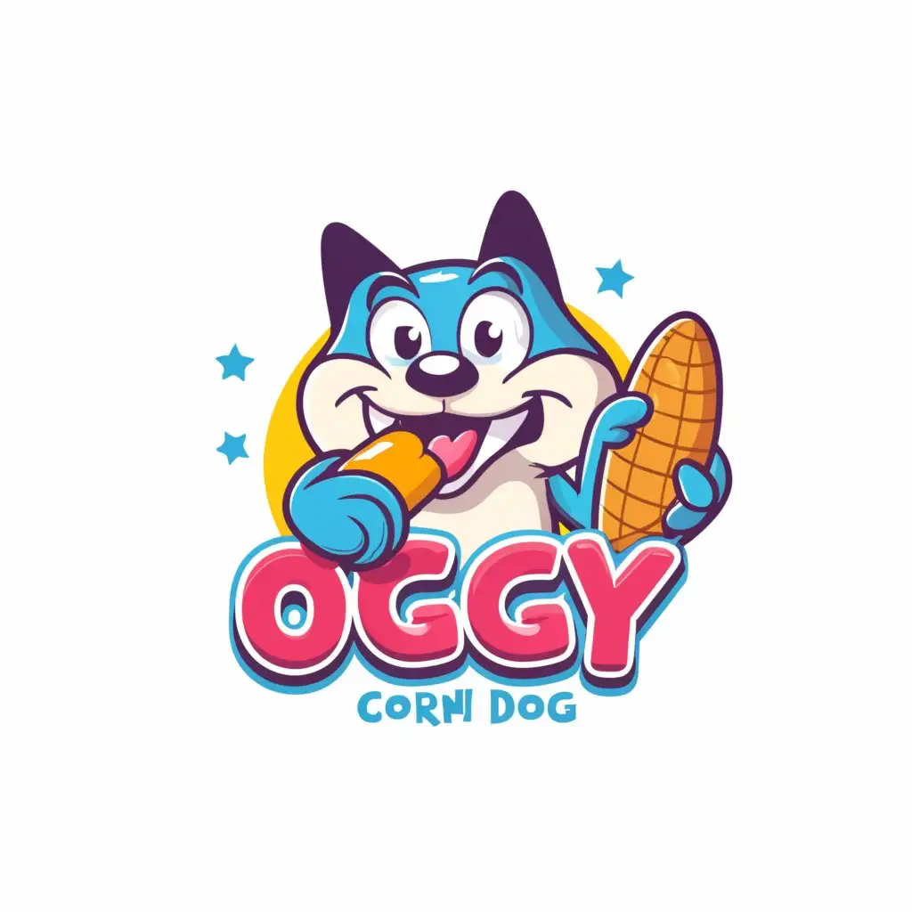 a logo design,with the text ""OGGY" cartoon character and corn dog", main symbol:oggy character is eating corndog,Moderate,clear background