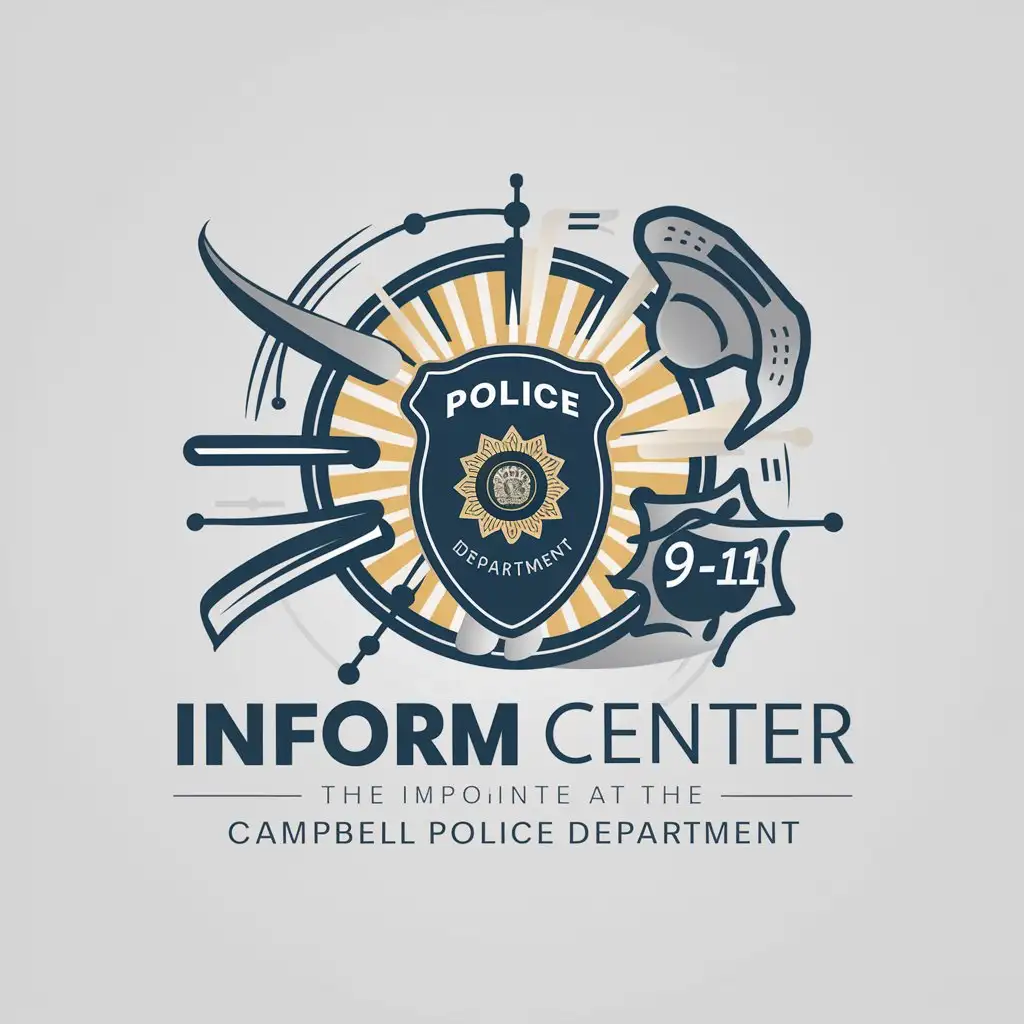 a logo design,with the text "INFORM Center - Campbell Police Department", main symbol:Specifically, the logo should incorporate: - A police badge - Technology icons/graphics - 9-1-1 dispatcher icon/graphics,Moderate,clear background