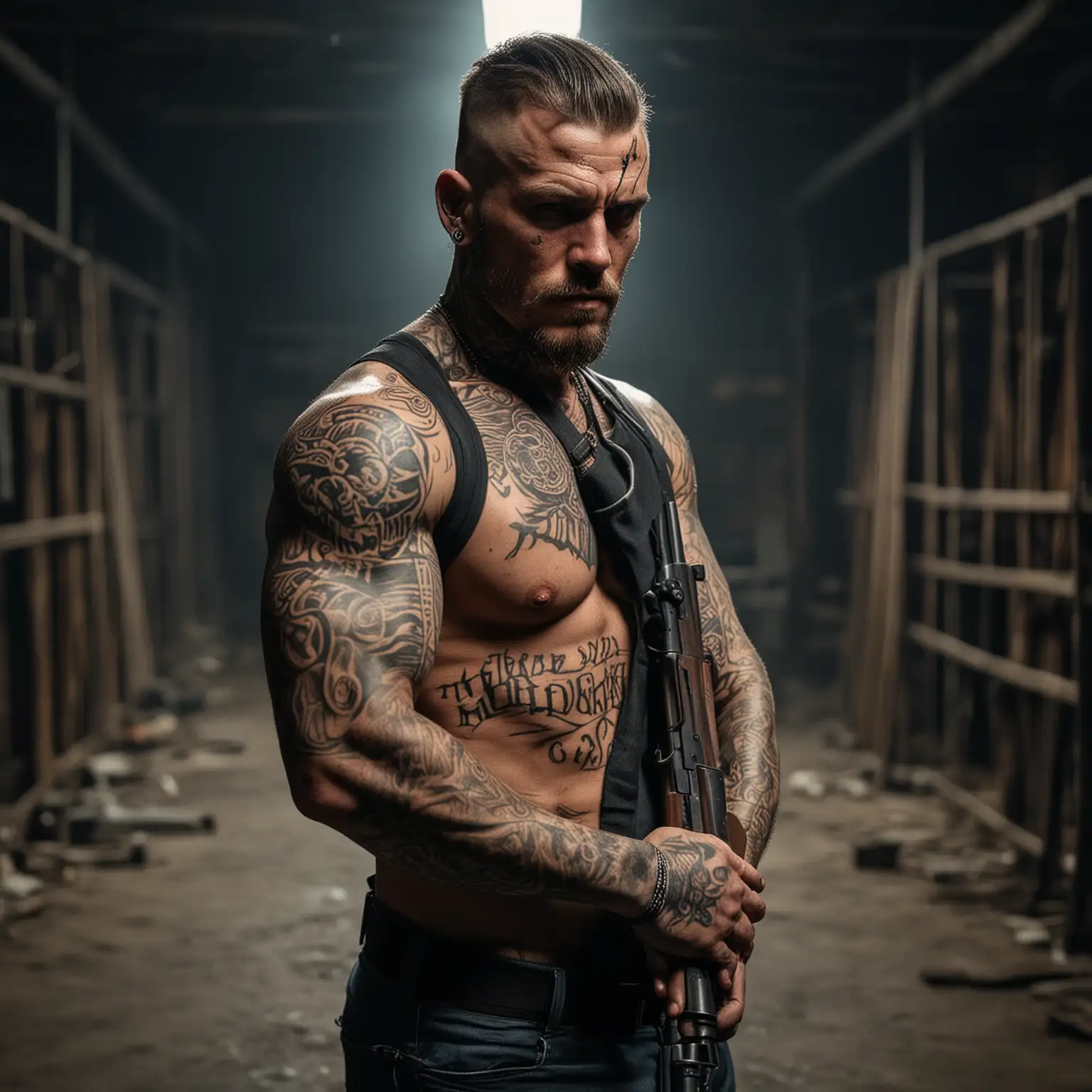 A tough-looking man with tattoos holding a shotgun in a dark warehouse